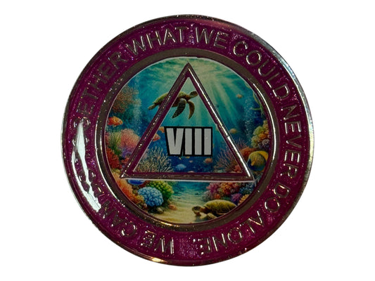 Purple AA medallion featuring an ocean reef design with sea turtles, coral, and sunlight streaming through the water. The center triangle displays the Roman numeral VIII, symbolizing 8 years of sobriety. The outer ring reads “We can do together what we could never do alone,” representing unity and recovery through fellowship.