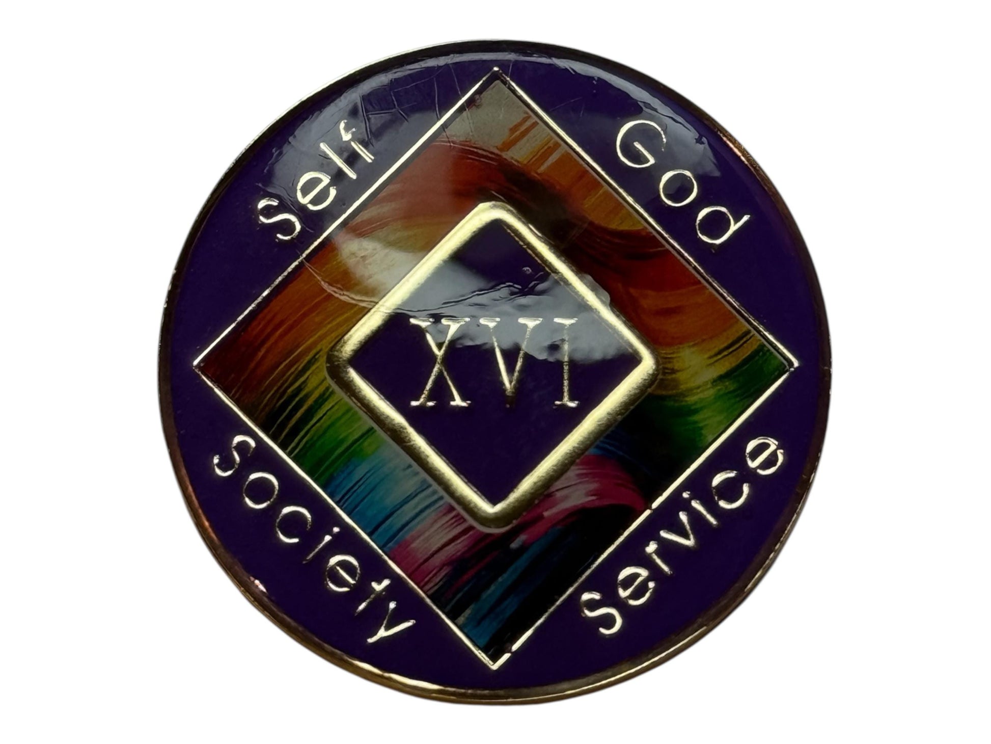 Narcotics Anonymous 16-year recovery medallion with a deep purple background and vibrant rainbow abstract design, symbolizing strength, faith, and personal growth through self, God, society, and service.