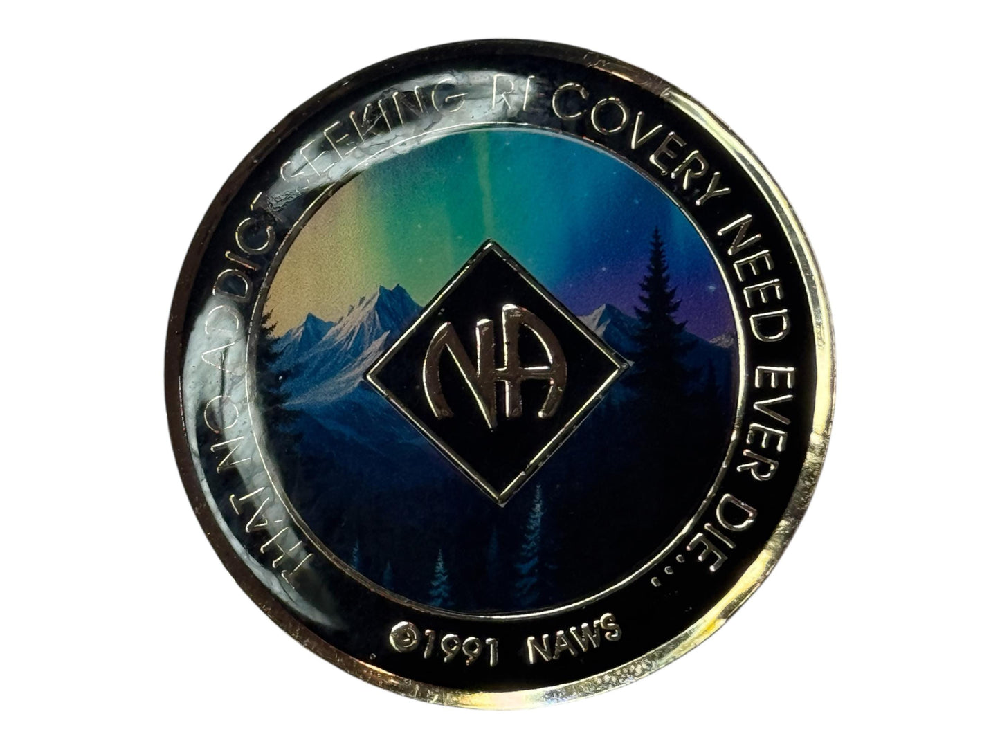 Narcotics Anonymous recovery medallion featuring a breathtaking aurora borealis design over a mountain landscape with silhouetted pine trees, symbolizing hope, spiritual awakening, and the beauty of recovery. The medallion has a black metallic border engraved with “That No Addict Seeking Recovery Need Ever Die,” and the NA logo at the center, representing serenity and renewal under the northern lights.