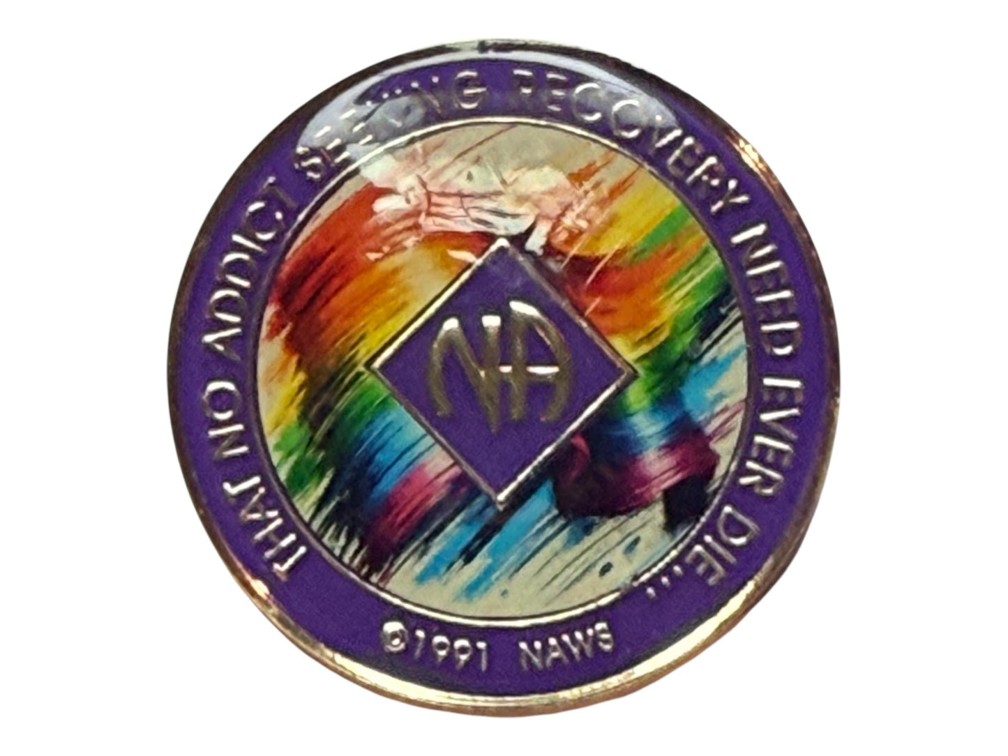 Narcotics Anonymous purple recovery medallion featuring a vibrant rainbow abstract design with the NA logo, symbolizing hope, renewal, and the colorful journey of recovery and personal transformation. LGBT solidarity themed.