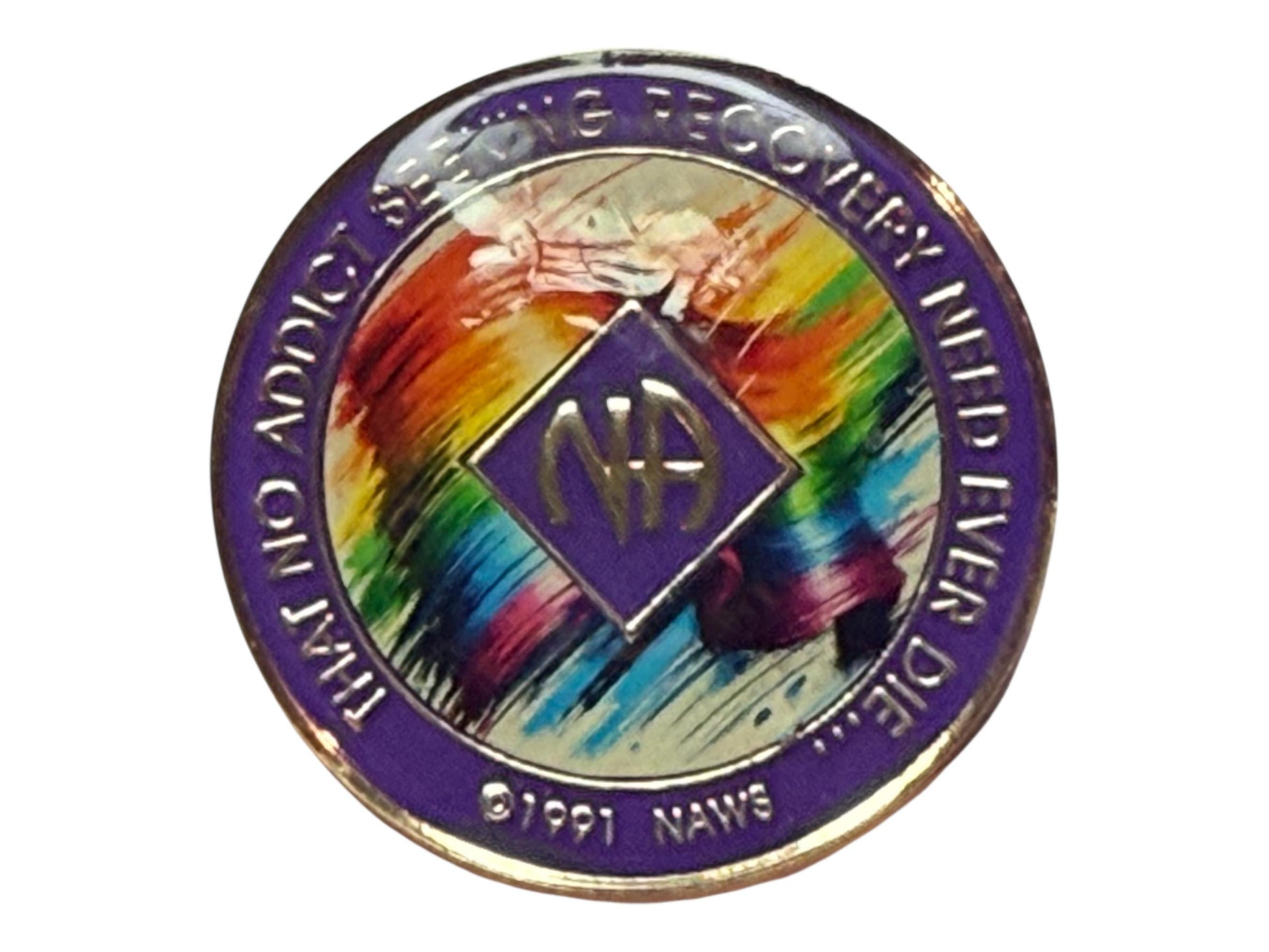 Narcotics Anonymous purple recovery medallion featuring a vibrant rainbow abstract design with the NA logo, symbolizing hope, renewal, and the colorful journey of recovery and personal transformation. LGBT solidarity themed.