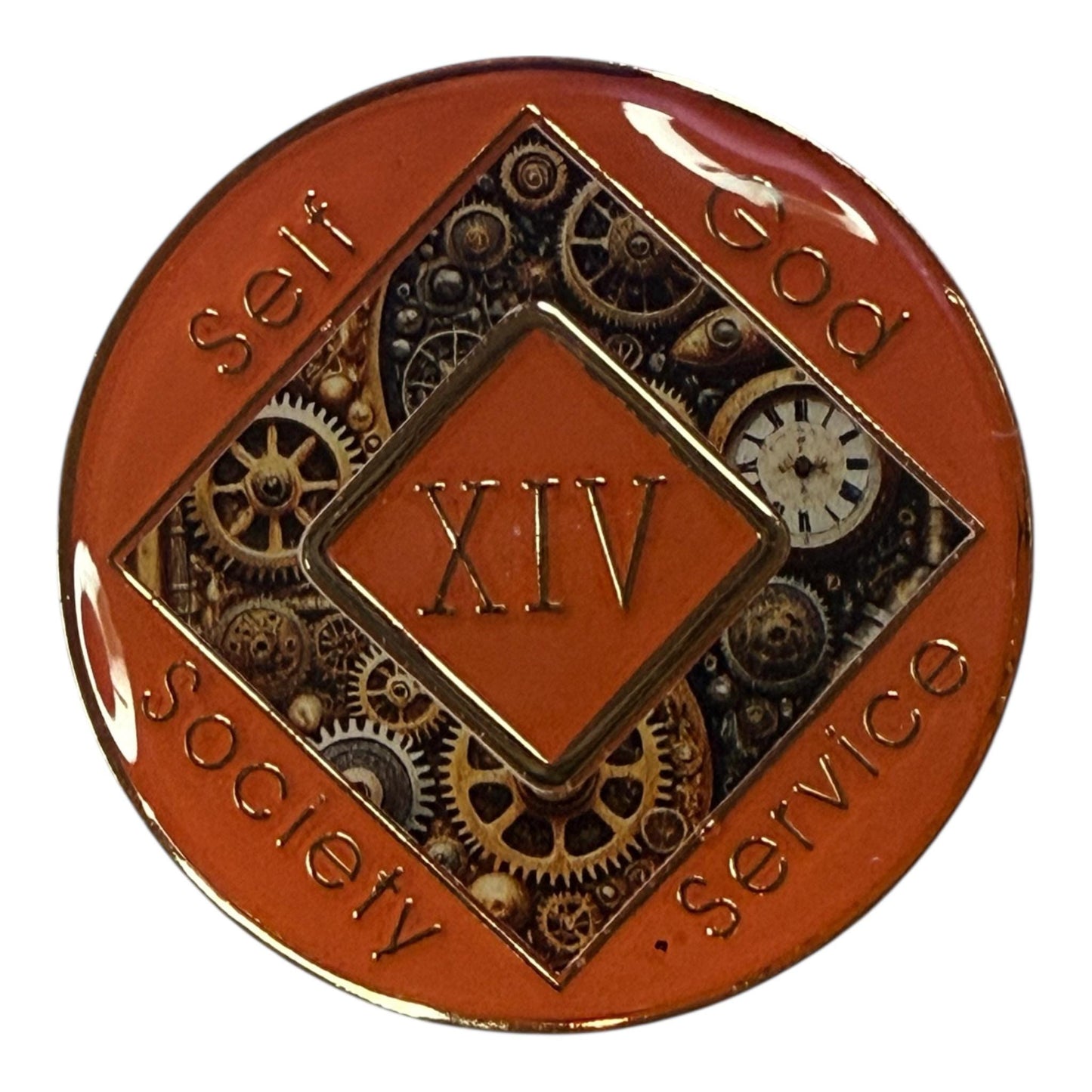 Steampunk NA Medallion: Orange Gear Design Sobriety Recovery Chip