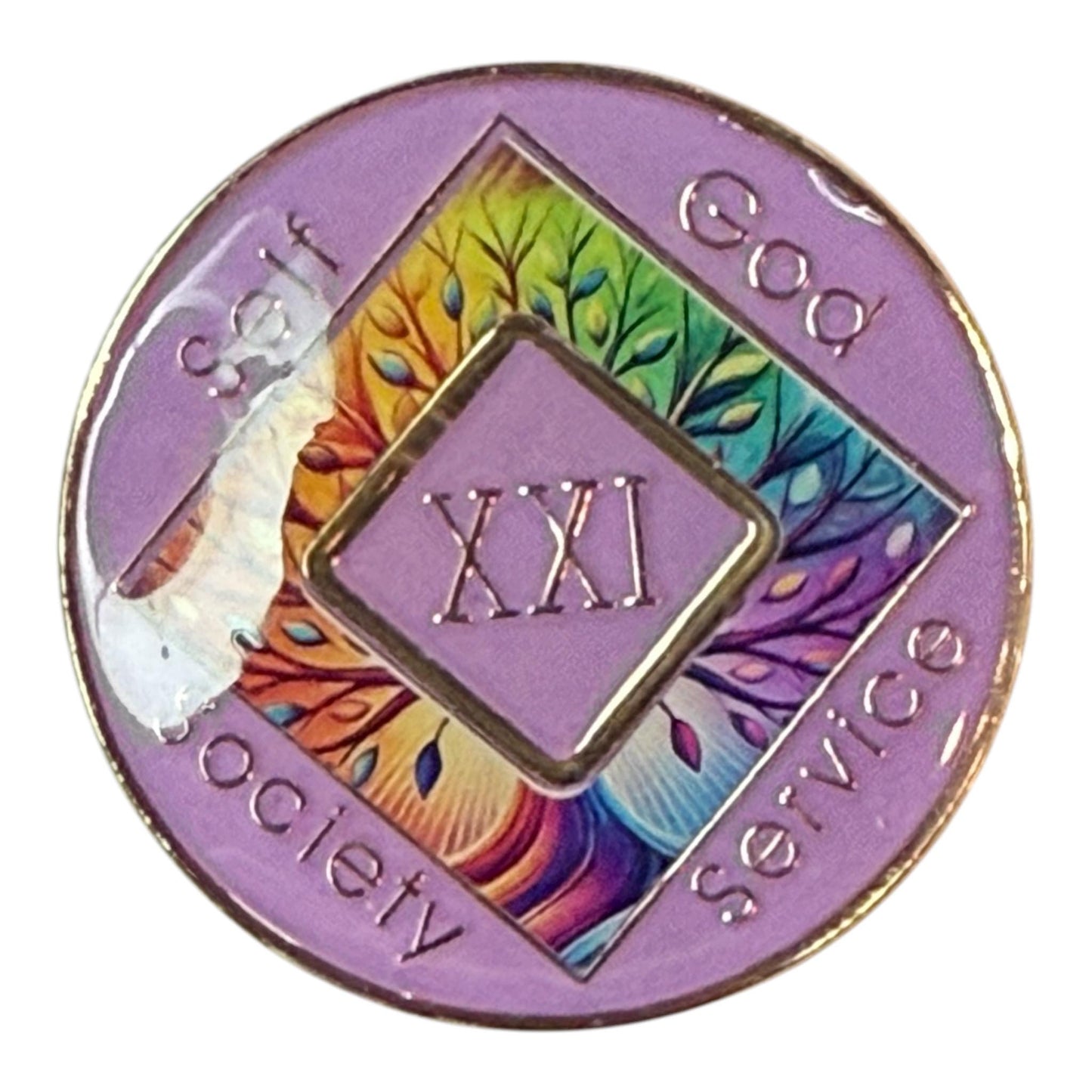 Narcotics Anonymous 21-year recovery medallion with a lavender border featuring a colorful Tree of Life design symbolizing growth, unity, and spiritual connection, inscribed with ‘Self, God, Society, Service’ and Roman numerals XXI.