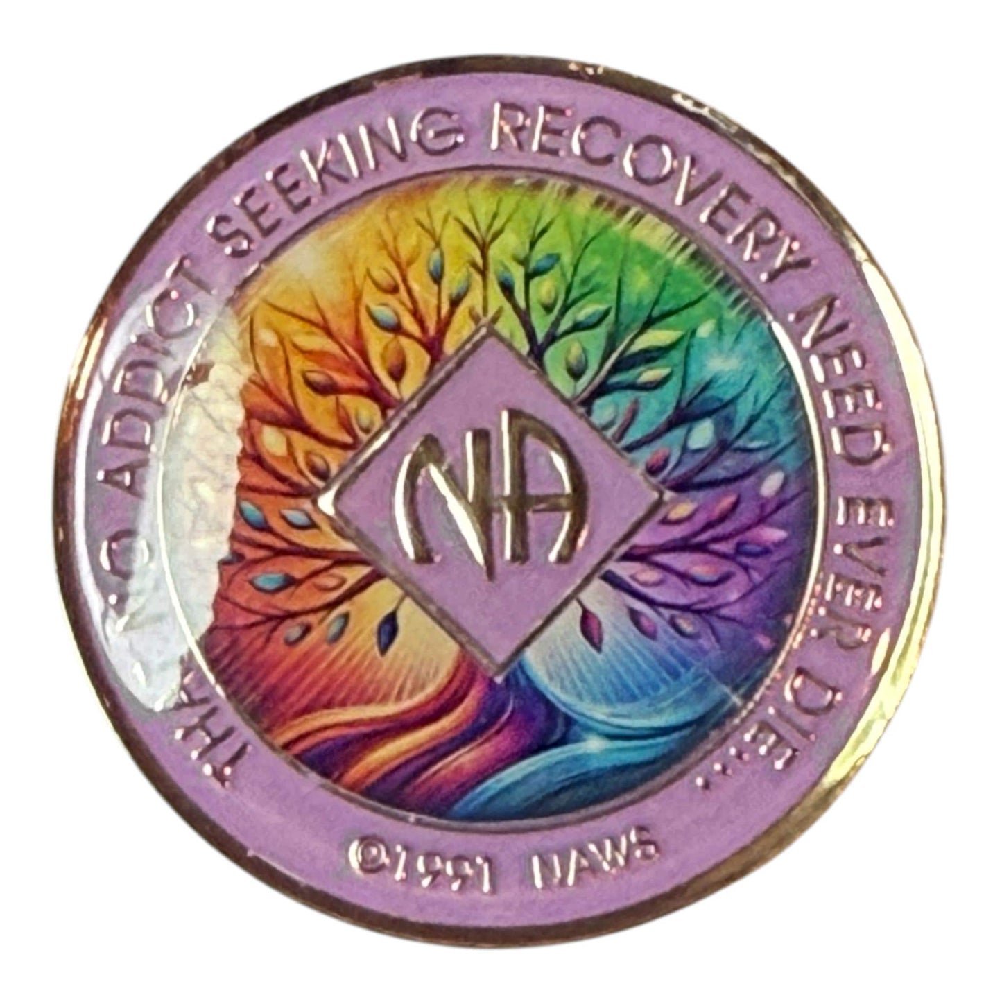 Narcotics Anonymous purple recovery medallion featuring a vibrant rainbow-colored Tree of Life design with the NA logo and the quote ‘That no addict seeking recovery need ever die,’ symbolizing growth, renewal, and spiritual awakening in sobriety.