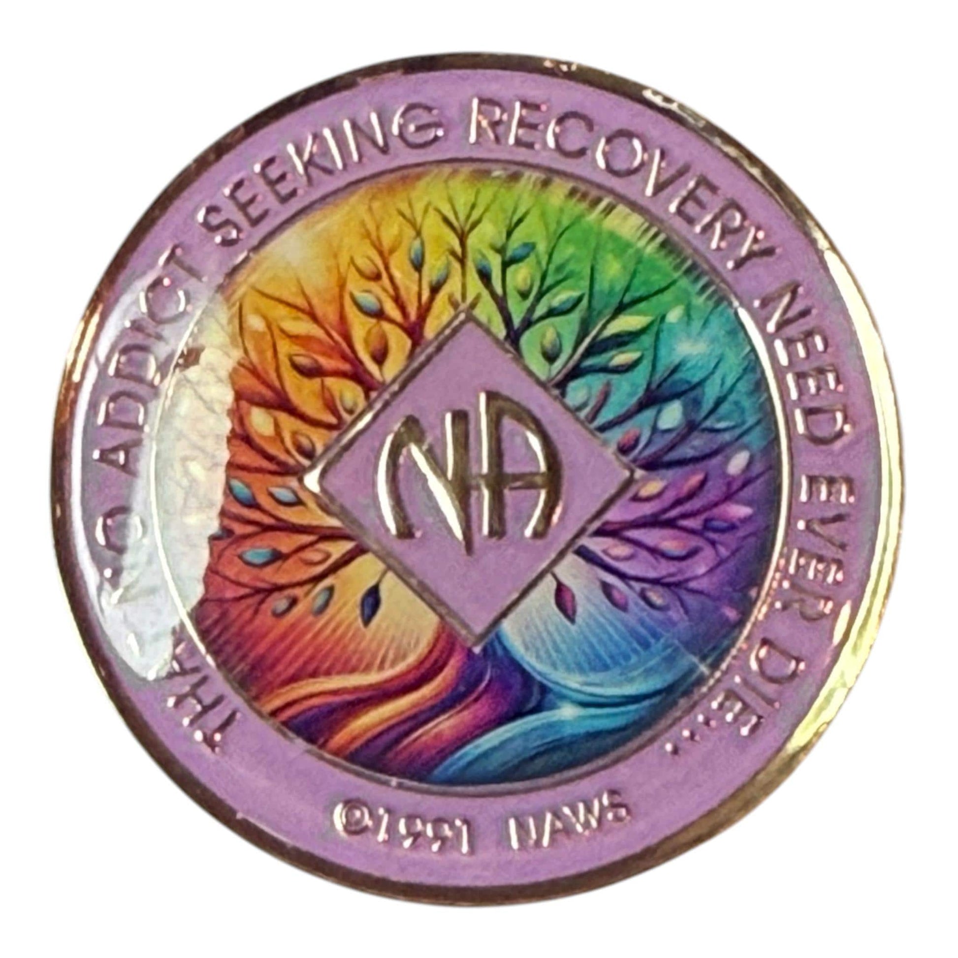 Narcotics Anonymous purple recovery medallion featuring a vibrant rainbow-colored Tree of Life design with the NA logo and the quote ‘That no addict seeking recovery need ever die,’ symbolizing growth, renewal, and spiritual awakening in sobriety.