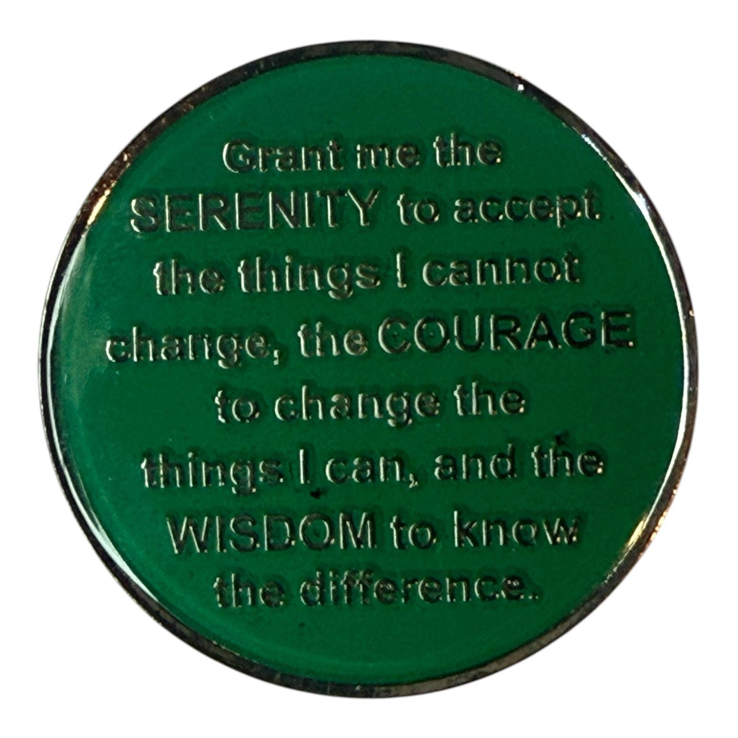 Dark green AA medallion with the Serenity Prayer engraved in silver text, Alcoholics Anonymous sobriety token, inspirational recovery chip, faith and courage quote coin, spiritual AA gift for sobriety anniversary.