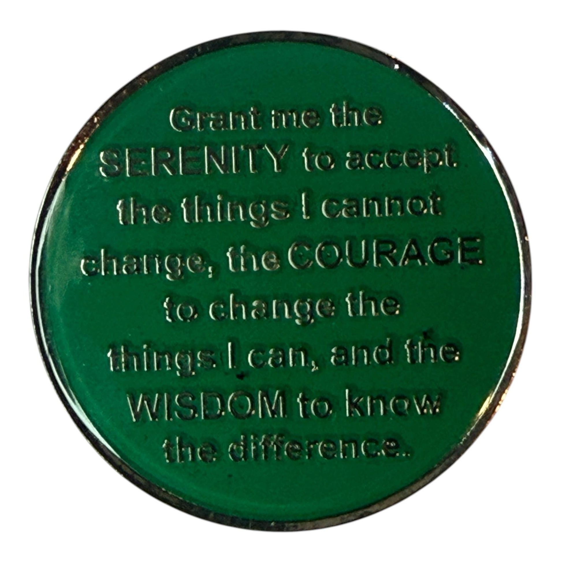 Dark green AA medallion with the Serenity Prayer engraved in silver text, Alcoholics Anonymous sobriety token, inspirational recovery chip, faith and courage quote coin, spiritual AA gift for sobriety anniversary.
