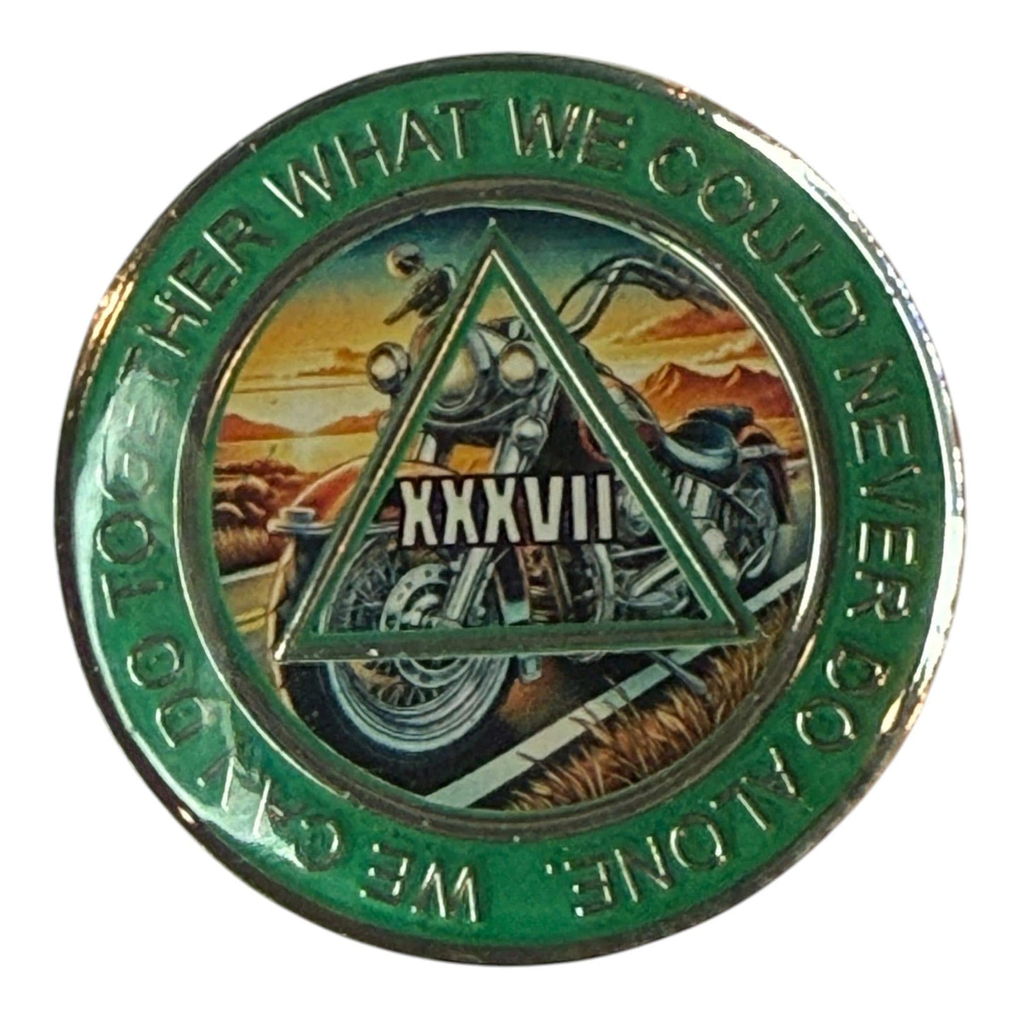 Green AA sobriety medallion featuring a motorcycle design, 37 years clean and sober, Roman numeral XXXVII, Alcoholics Anonymous triangle symbol, recovery anniversary chip for bikers, motorcycle recovery gift, AA milestone coin for men in recovery.