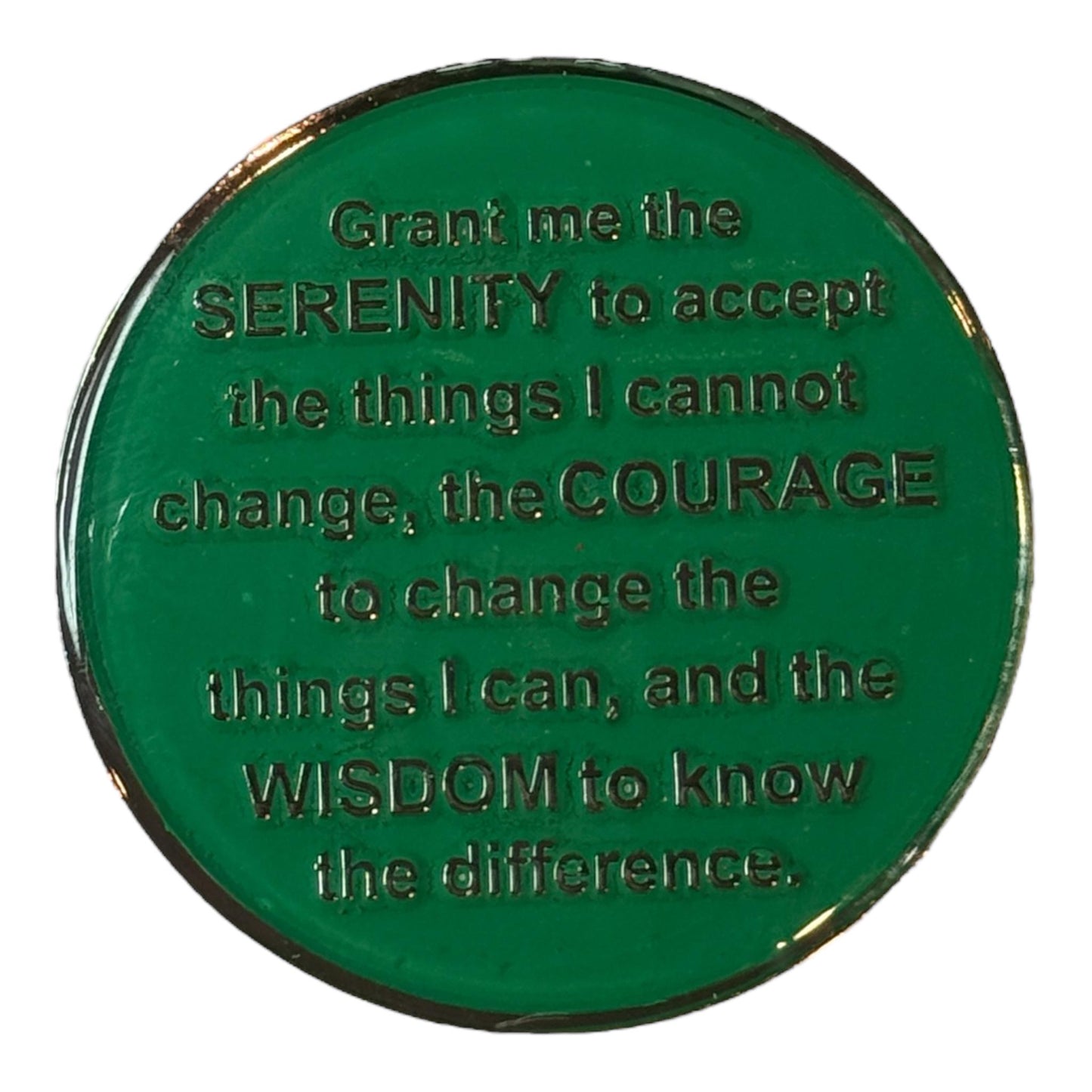 Dark green AA medallion with the Serenity Prayer engraved in silver text, Alcoholics Anonymous sobriety token, inspirational recovery chip, faith and courage quote coin, spiritual AA gift for sobriety anniversary.