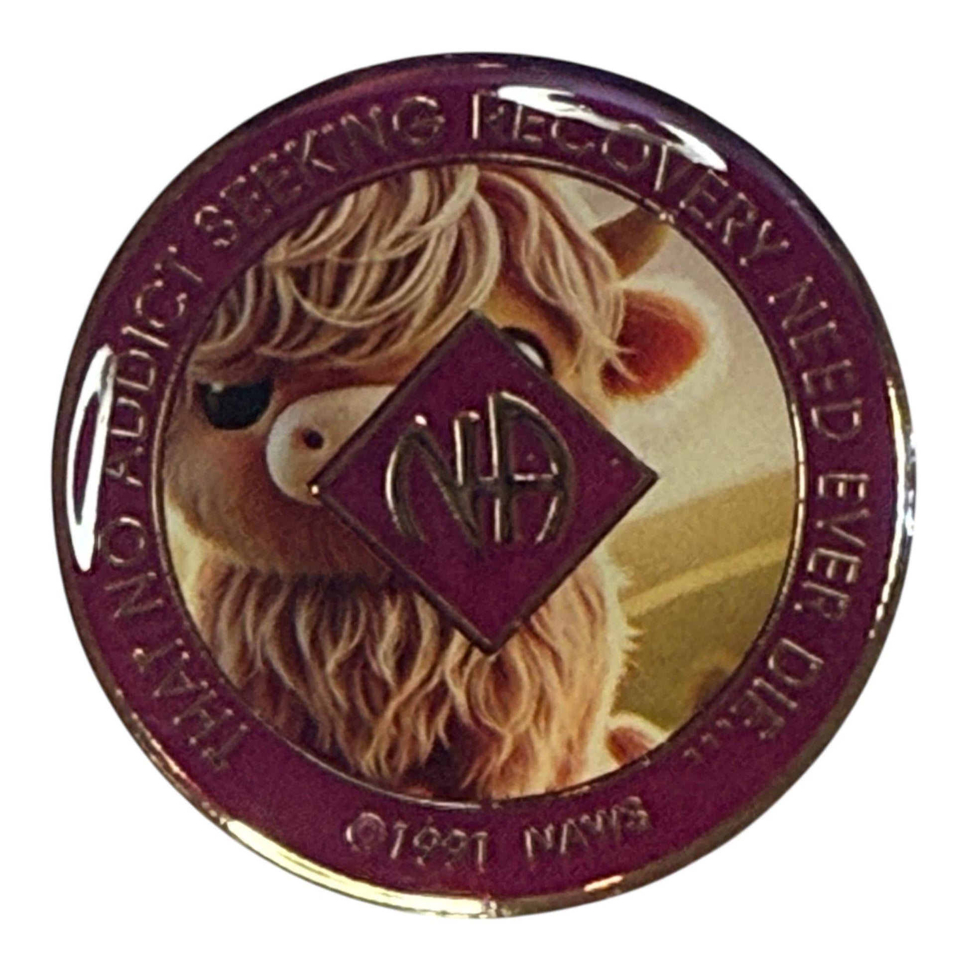 Narcotics Anonymous purple recovery medallion featuring a cute highland cow illustration with the NA logo in the center, symbolizing serenity, strength, and growth in recovery with a warm and playful design.