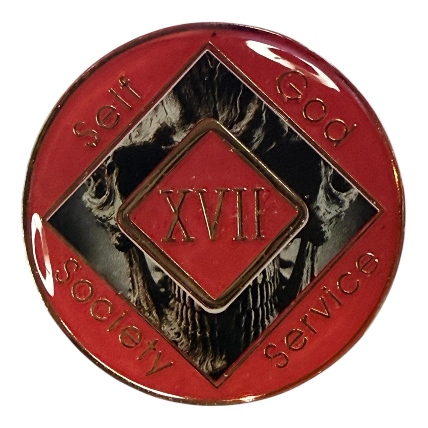 Narcotics Anonymous 17-year recovery medallion with a dark skull design and red enamel background. The center features the Roman numeral “XVII” surrounded by the words “Self, God, Society, Service,” symbolizing seventeen years of strength, perseverance, and transformation in addiction recovery.