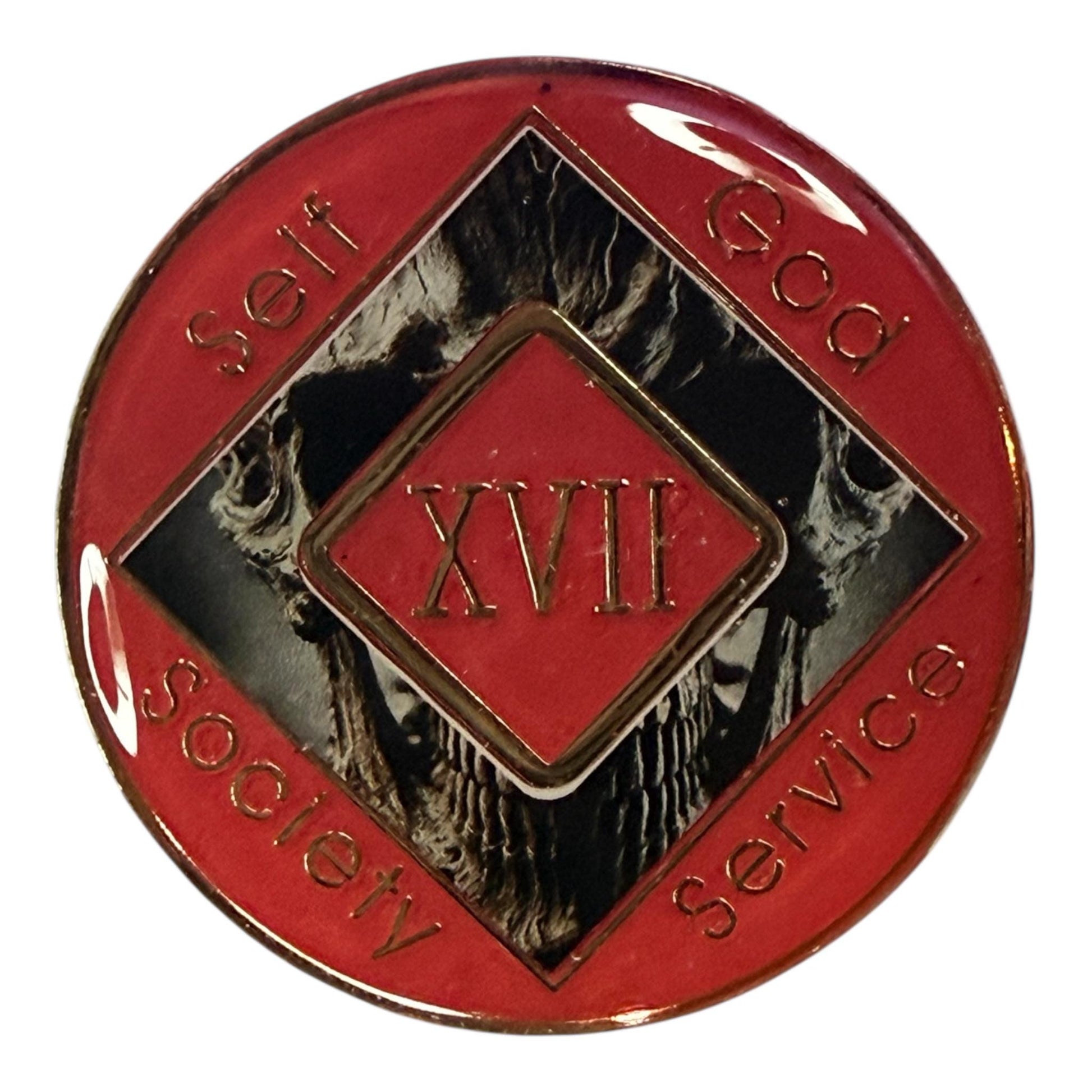 Narcotics Anonymous 17-year recovery medallion with a dark skull design and red enamel background. The center features the Roman numeral “XVII” surrounded by the words “Self, God, Society, Service,” symbolizing seventeen years of strength, perseverance, and transformation in addiction recovery.