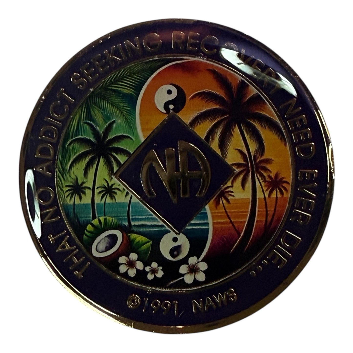 Narcotics Anonymous tropical recovery medallion featuring palm trees, ocean waves, yin-yang symbols, and coconuts under a sunset sky, symbolizing balance, serenity, and renewal in sobriety. The NA logo and phrase “That No Addict Seeking Recovery Need Ever Die” represent hope and unity in recovery.