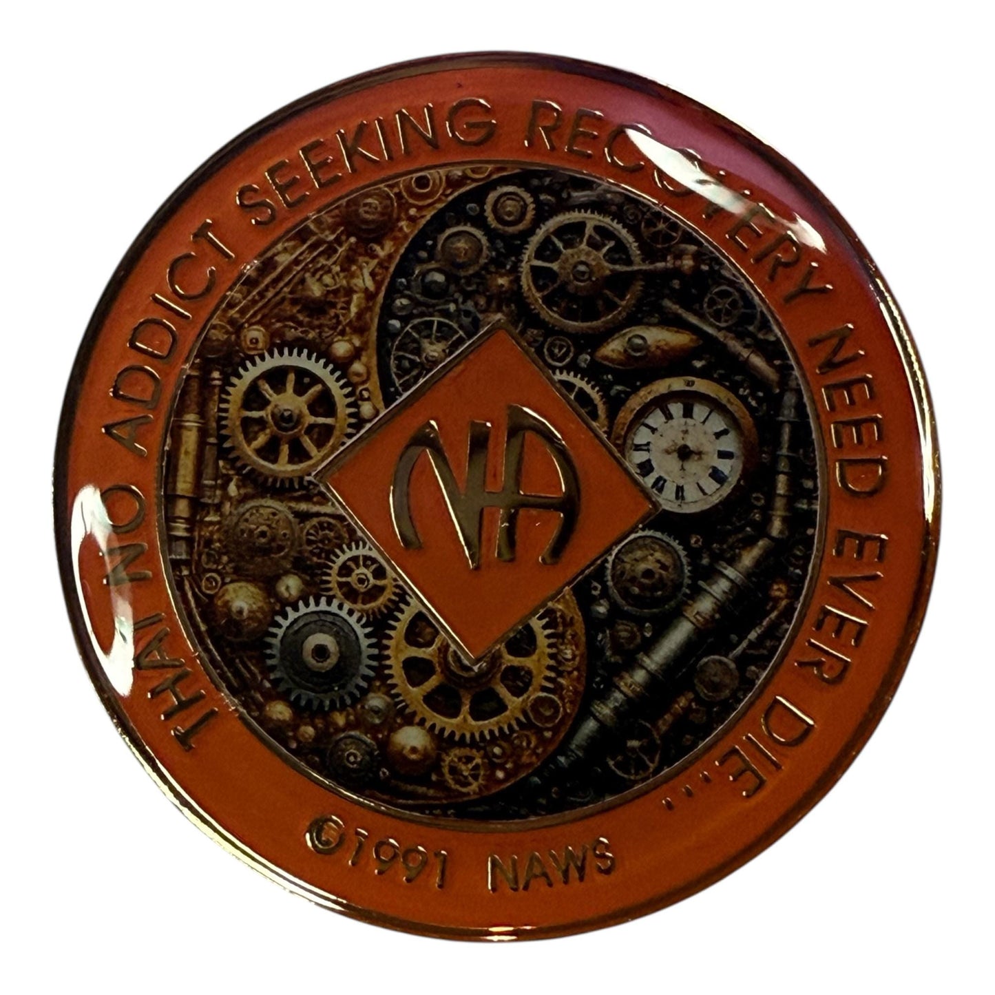 Steampunk NA Medallion: Orange Gear Design Sobriety Recovery Chip