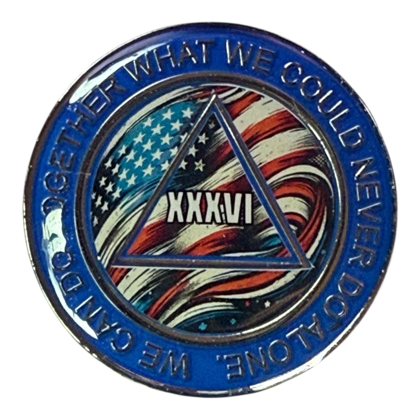 Patriotic AA medallion with American flag design, 36 year sobriety coin, XXXVI Alcoholics Anonymous anniversary chip, blue recovery token for veterans and proud Americans in recovery.