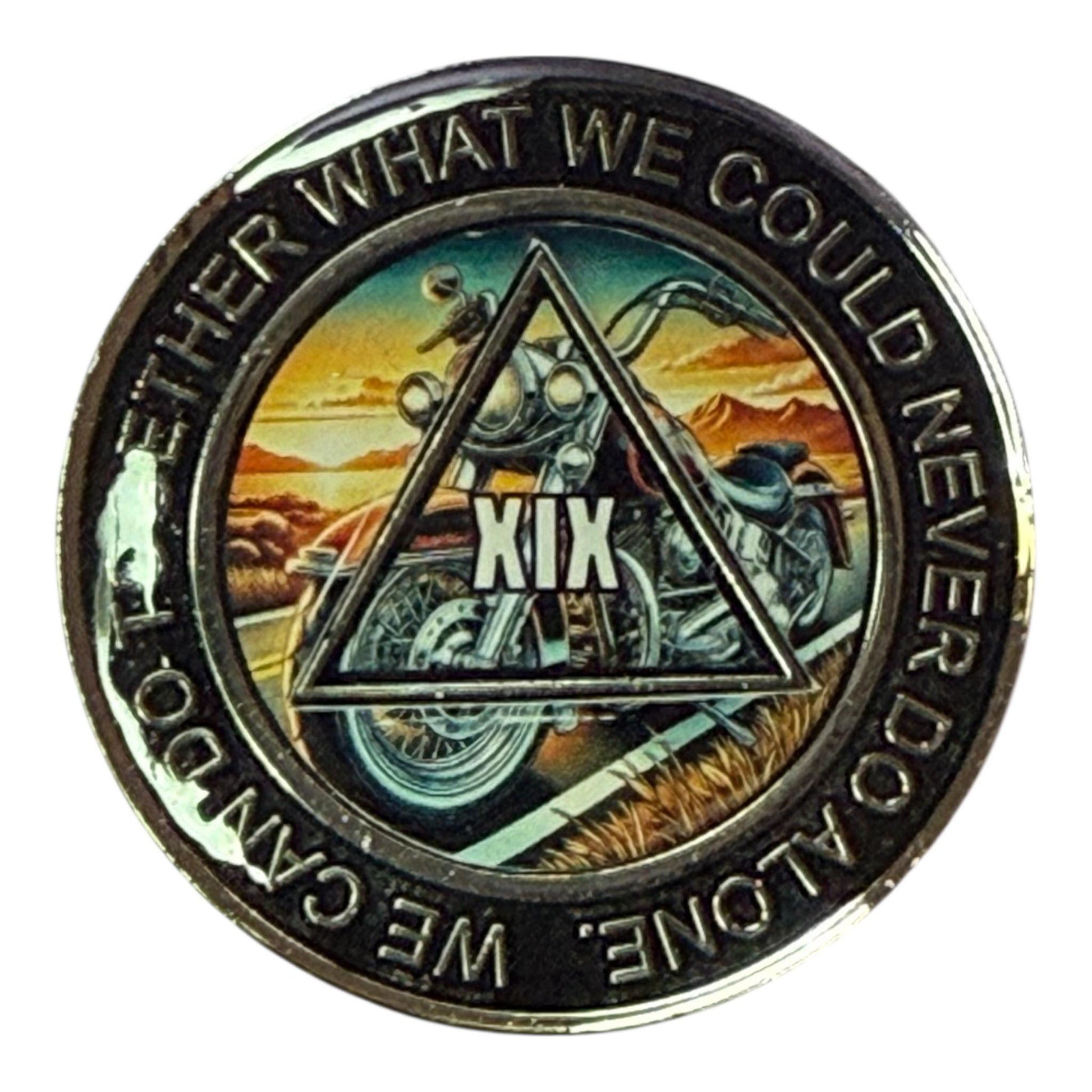 AA motorcycle sobriety medallion with scenic sunset and motorcycle design, XIX 19 year recovery chip, Alcoholics Anonymous anniversary token, biker inspired AA gift for clean and sober milestones.
