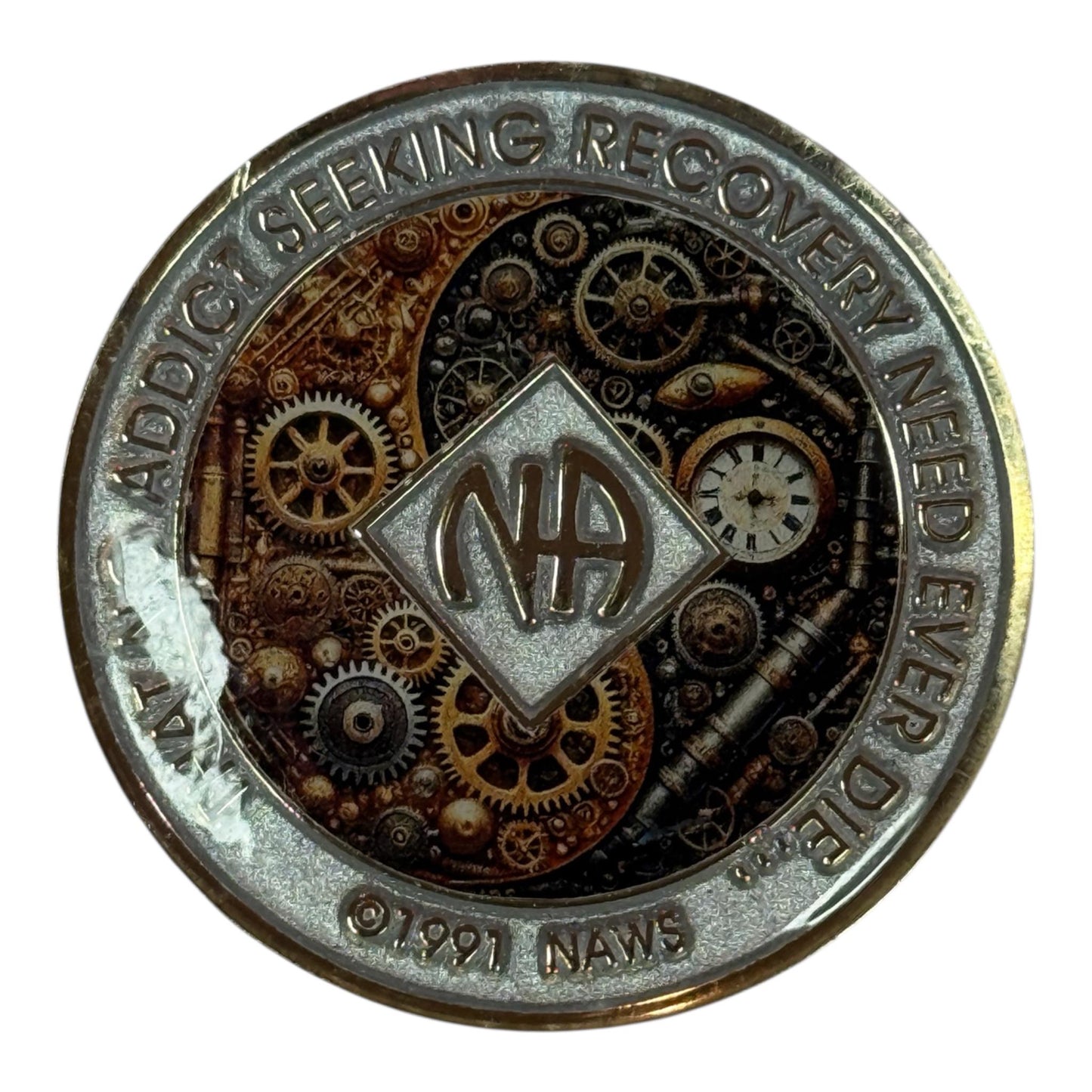 Steampunk NA Medallion: Orange Gear Design Sobriety Recovery Chip