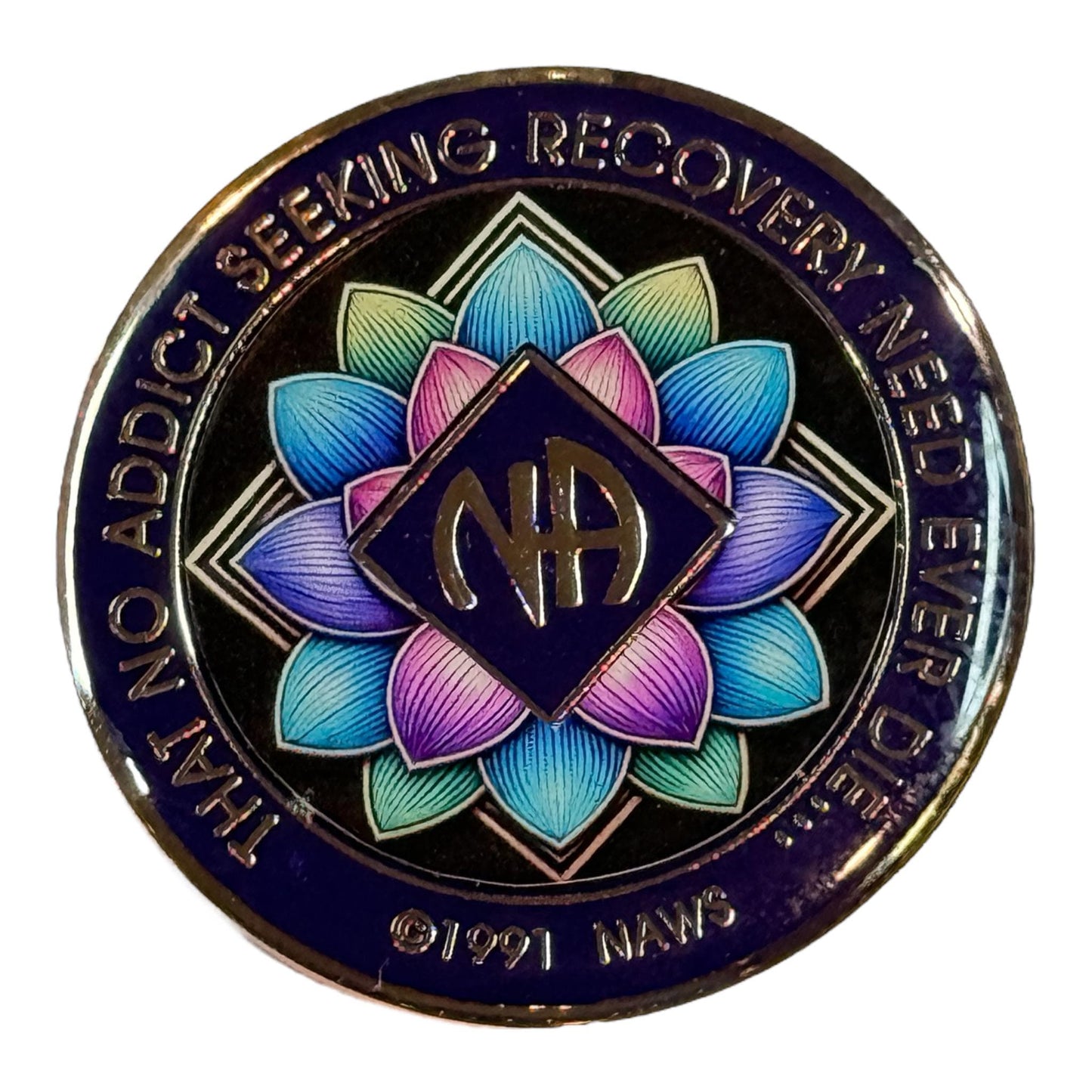 Narcotics Anonymous lotus flower medallion with NA symbol, recovery anniversary coin, sobriety chip, NA token gift, handmade resin medallion for recovery milestone