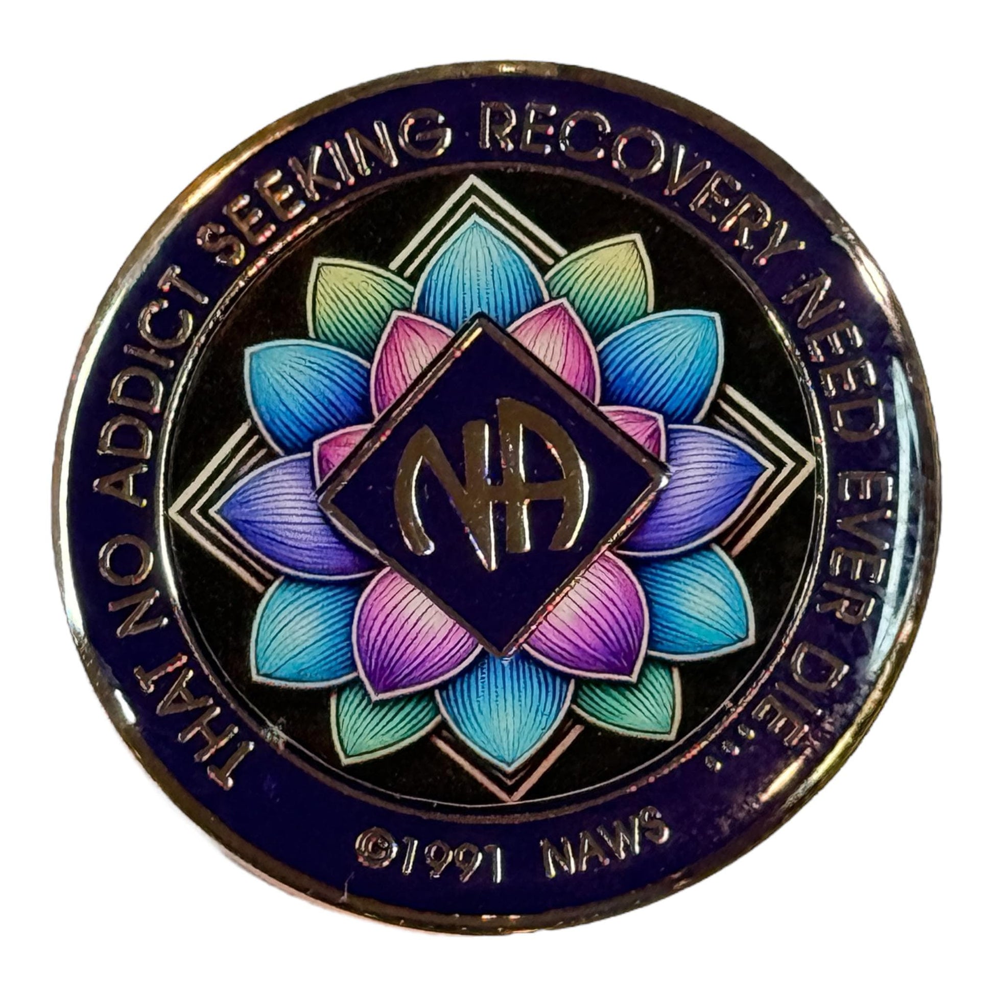 Narcotics Anonymous lotus flower medallion with NA symbol, recovery anniversary coin, sobriety chip, NA token gift, handmade resin medallion for recovery milestone