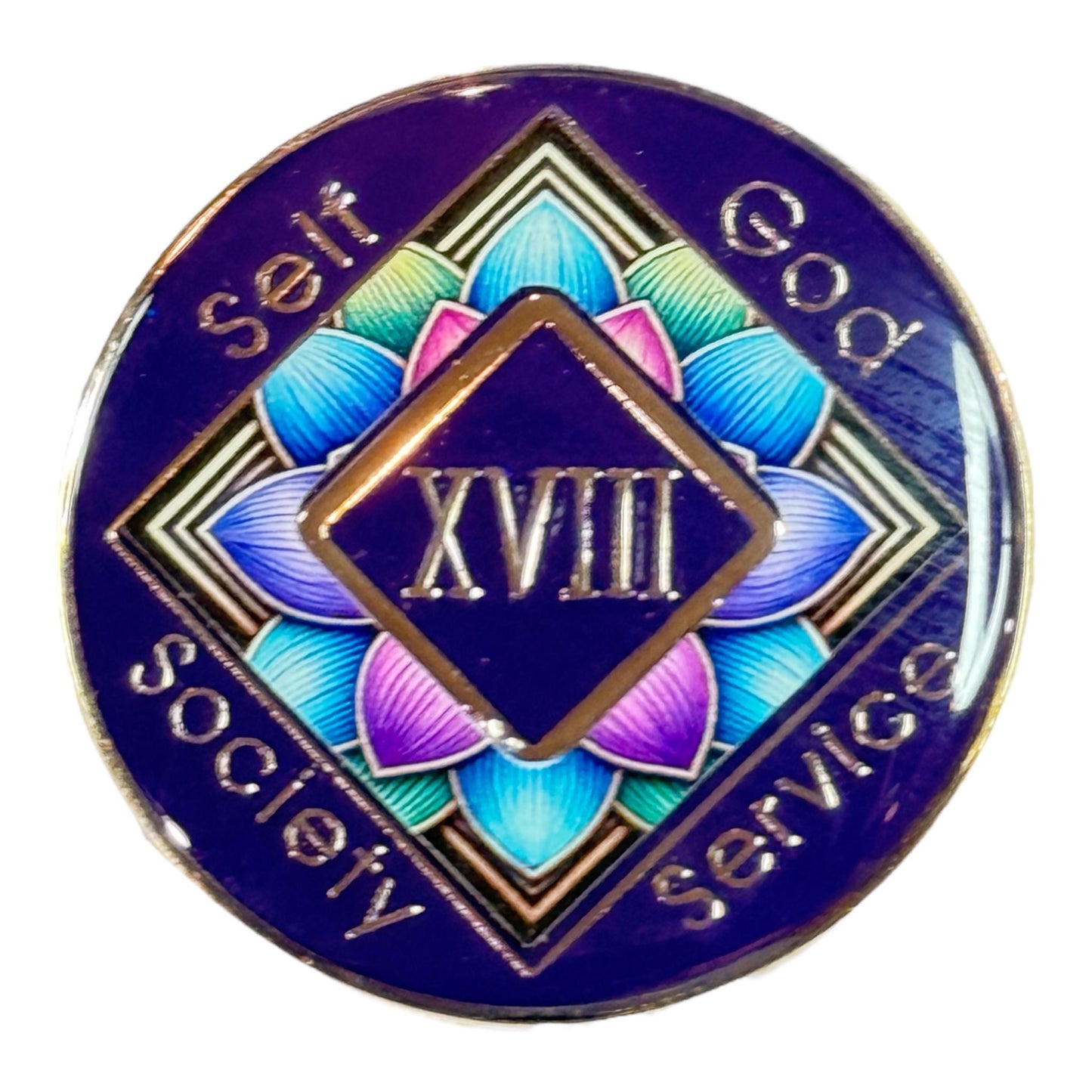 Narcotics Anonymous 18 year medallion with lotus flower design, NA sobriety anniversary coin XVIII years, recovery chip with NA symbol, handmade resin NA token