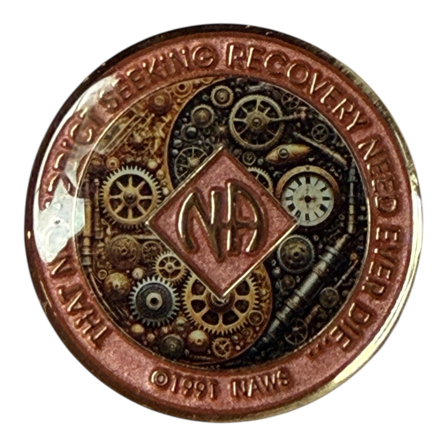 Steampunk NA Medallion: Orange Gear Design Sobriety Recovery Chip