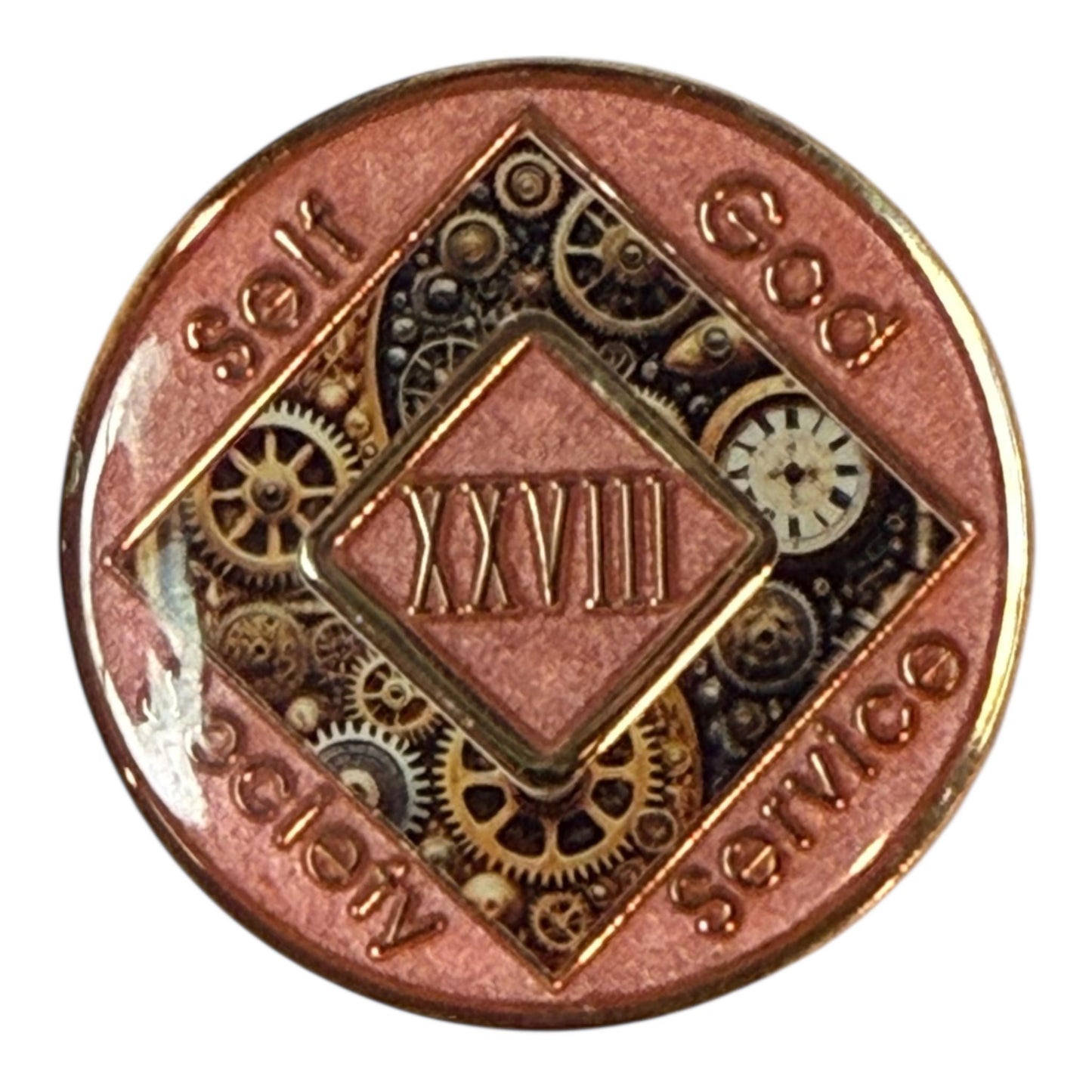 Steampunk NA Medallion: Orange Gear Design Sobriety Recovery Chip