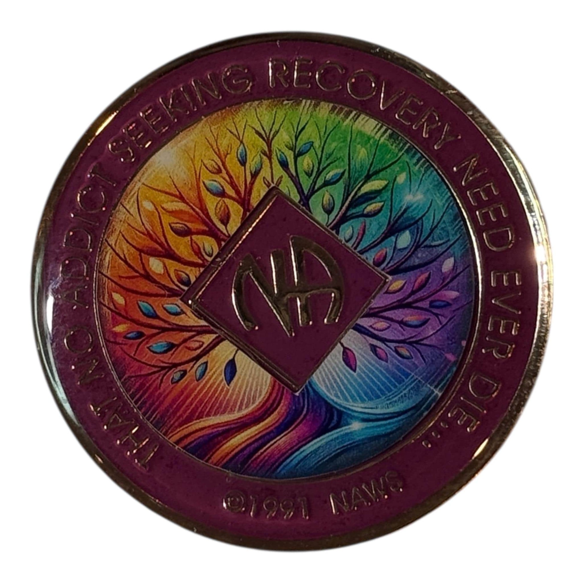 Narcotics Anonymous recovery medallion with deep purple border and a vibrant rainbow Tree of Life design symbolizing growth, unity, and spiritual awakening, featuring the NA logo and the quote ‘That No Addict Seeking Recovery Need Ever Die.’