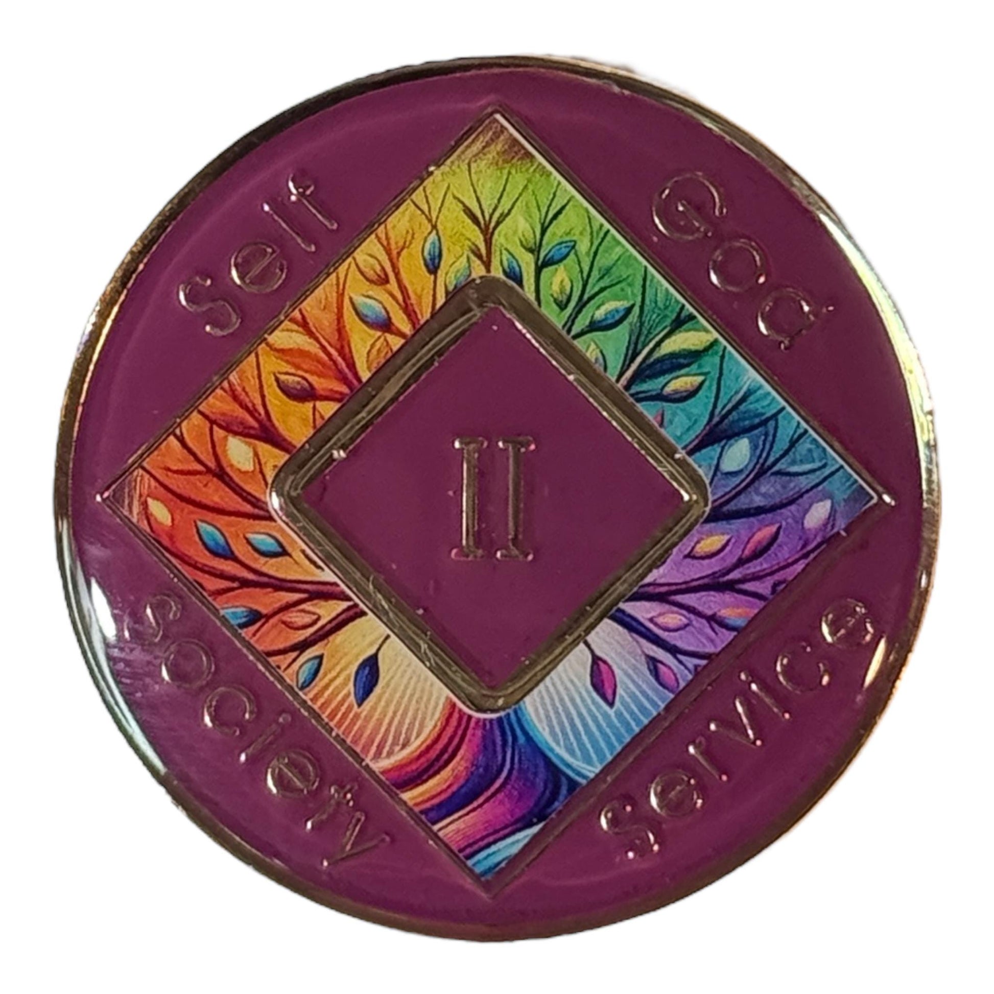 Narcotics Anonymous 2-year recovery medallion with purple border and rainbow Tree of Life design representing growth, unity, and spirituality, featuring the NA symbol and the words Self, God, Society, and Service around the center.