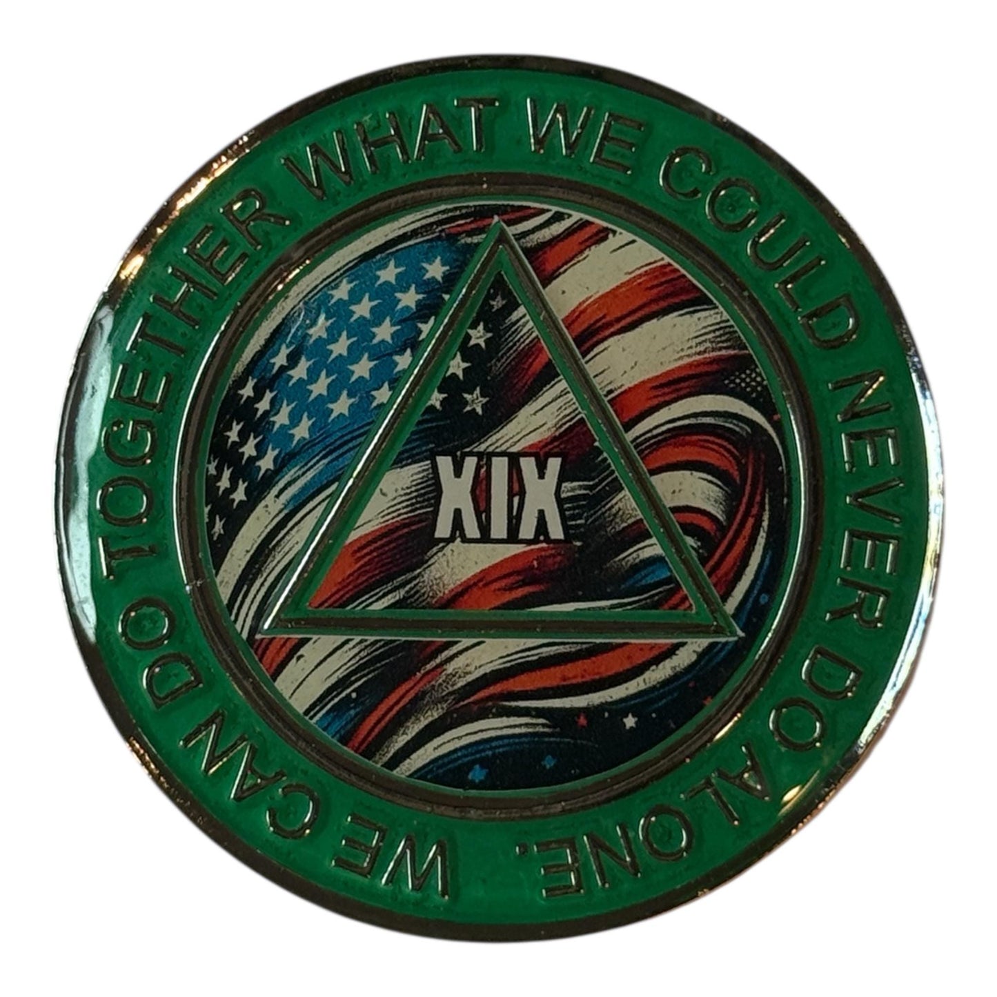 Green AA sobriety medallion with American flag design, XIX 19 year Alcoholics Anonymous anniversary chip, patriotic recovery token for veterans and proud Americans in sobriety.