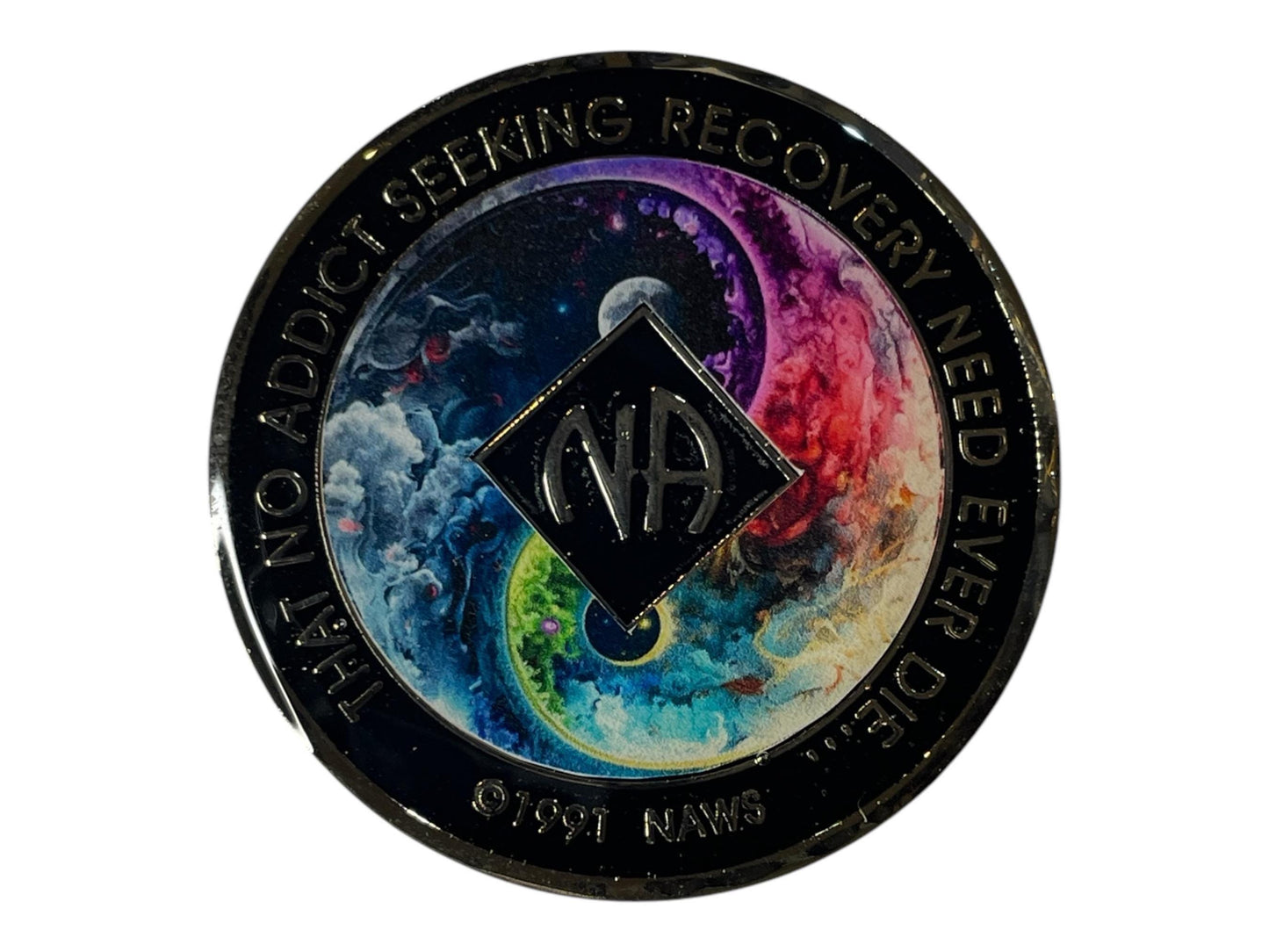 Black Narcotics Anonymous recovery medallion – yin yang cosmic design with NA logo, sobriety anniversary gift.