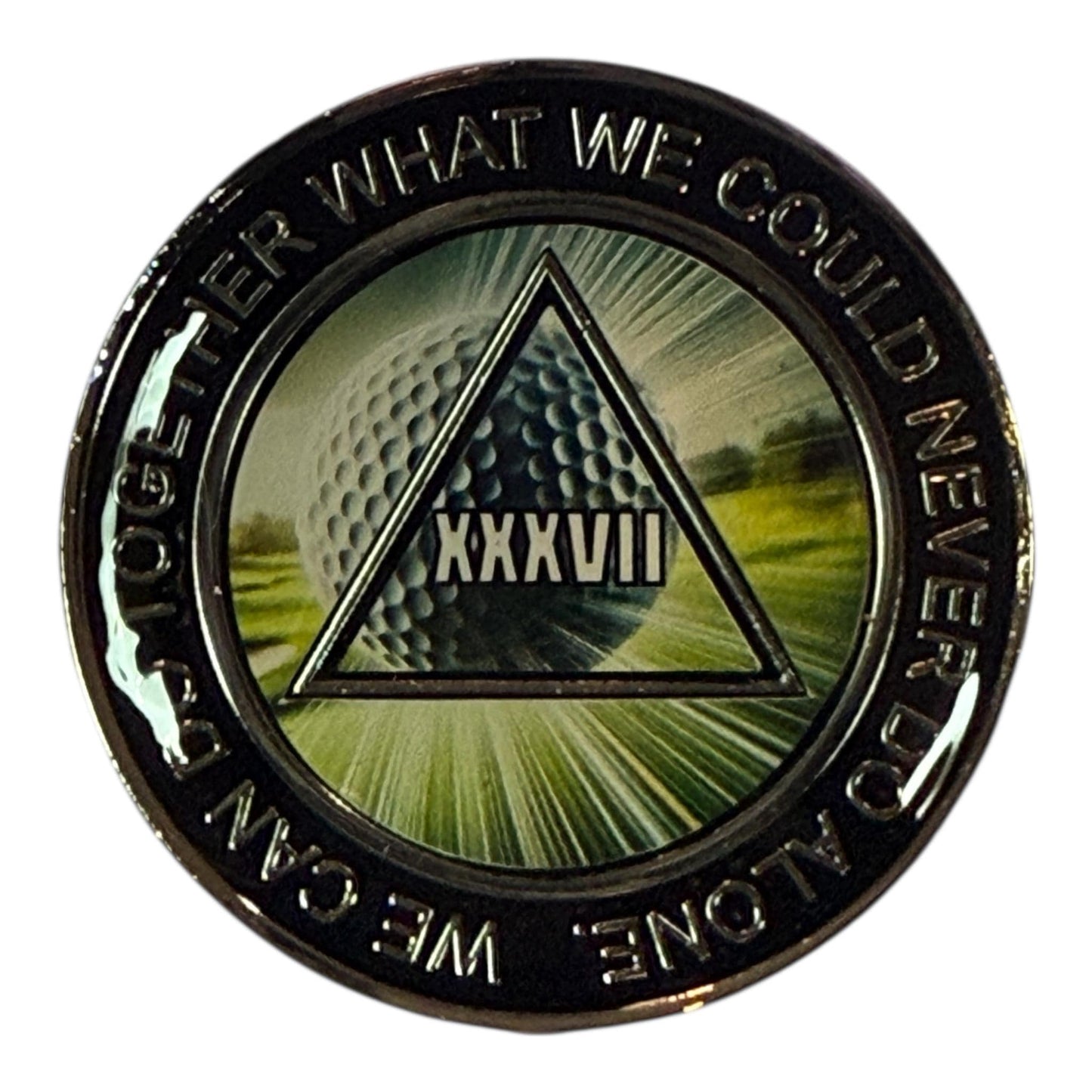 Golf sobriety medallion with golf ball design, 37 year AA anniversary coin, XXXVII recovery chip, Alcoholics Anonymous milestone gift for golfers in recovery.