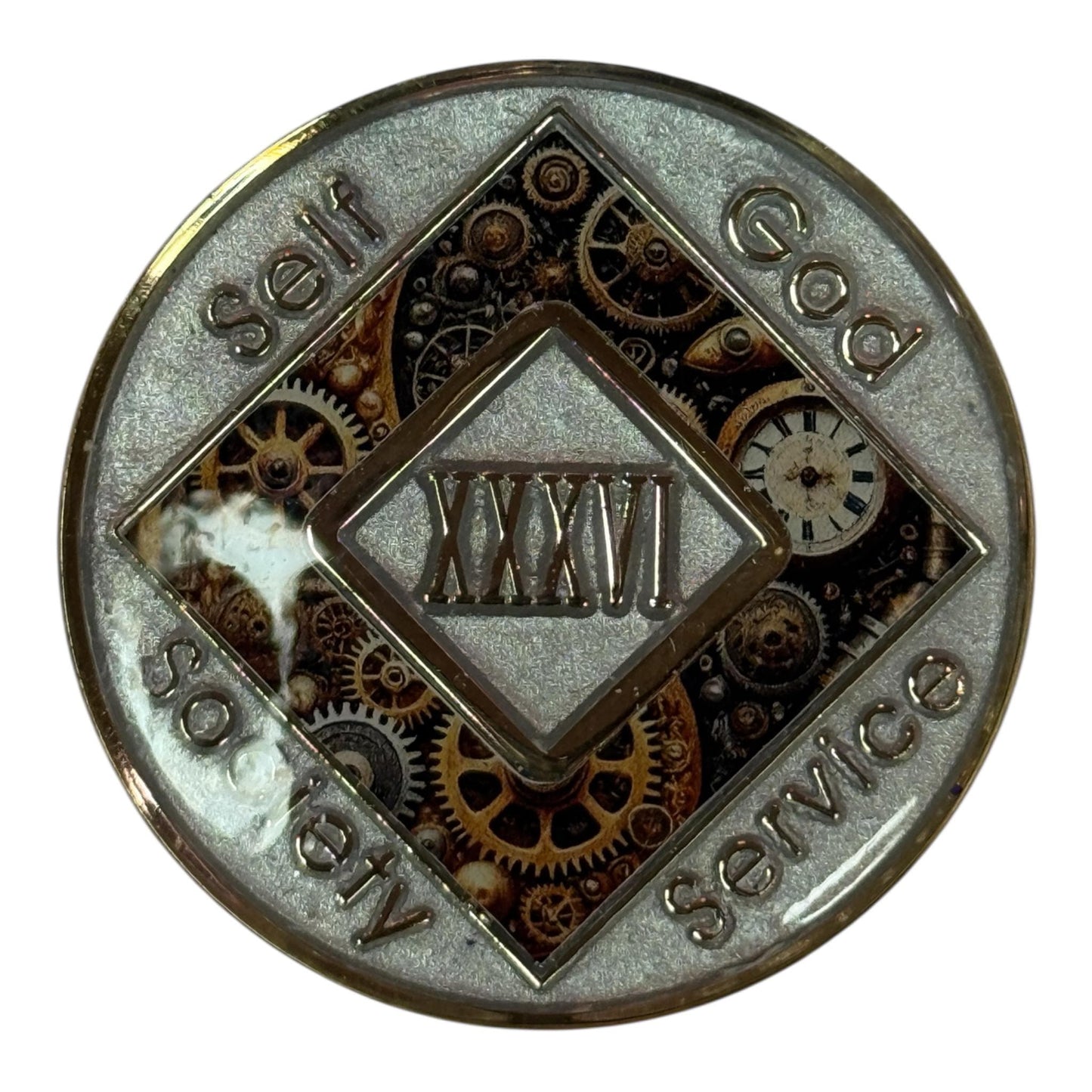 Steampunk NA Medallion: Orange Gear Design Sobriety Recovery Chip