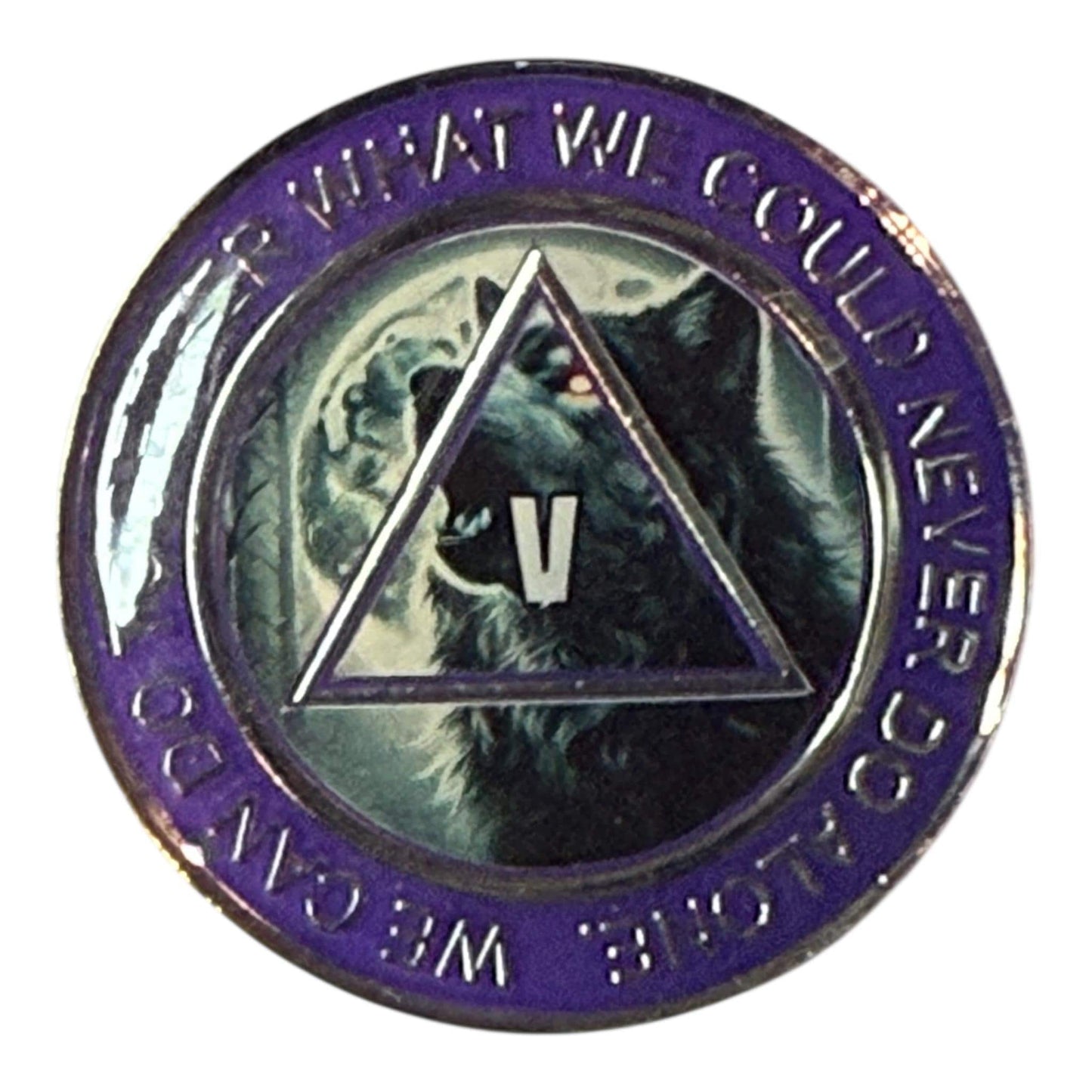 Purple AA sobriety medallion featuring fierce wolf howling at the moon with Roman numeral V for 5 years clean and sober, motivational Alcoholics Anonymous recovery token.