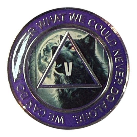 Purple AA sobriety medallion featuring fierce wolf howling at the moon with Roman numeral V for 5 years clean and sober, motivational Alcoholics Anonymous recovery token.