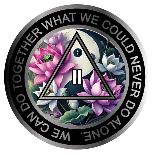 AA Sobriety Medallion: Silver Finish Lotus Yin Yang Alcoholics Anonymous Chip