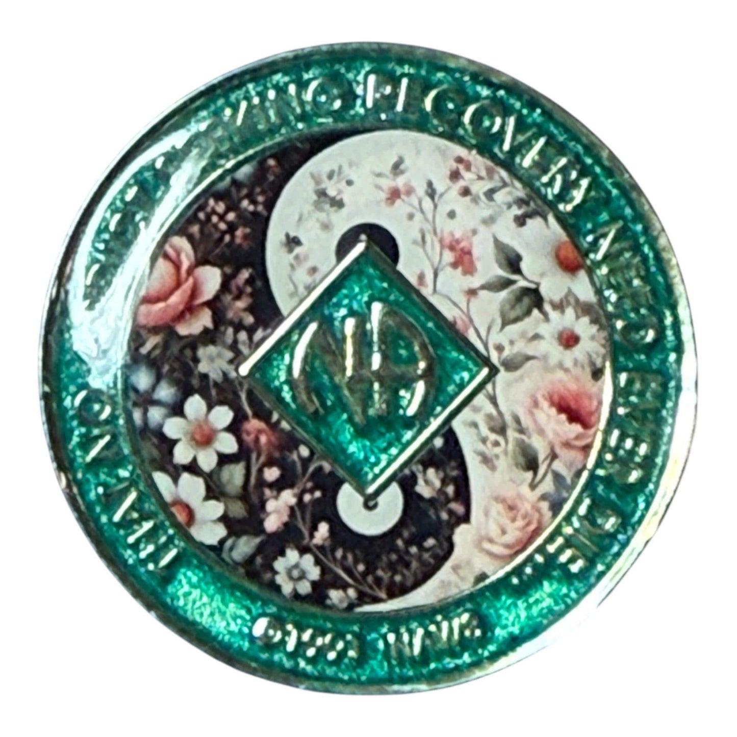 Narcotics Anonymous floral yin yang medallion with recovery symbol, custom sobriety coin, NA anniversary chip, handmade resin medallion gift for recovery milestone