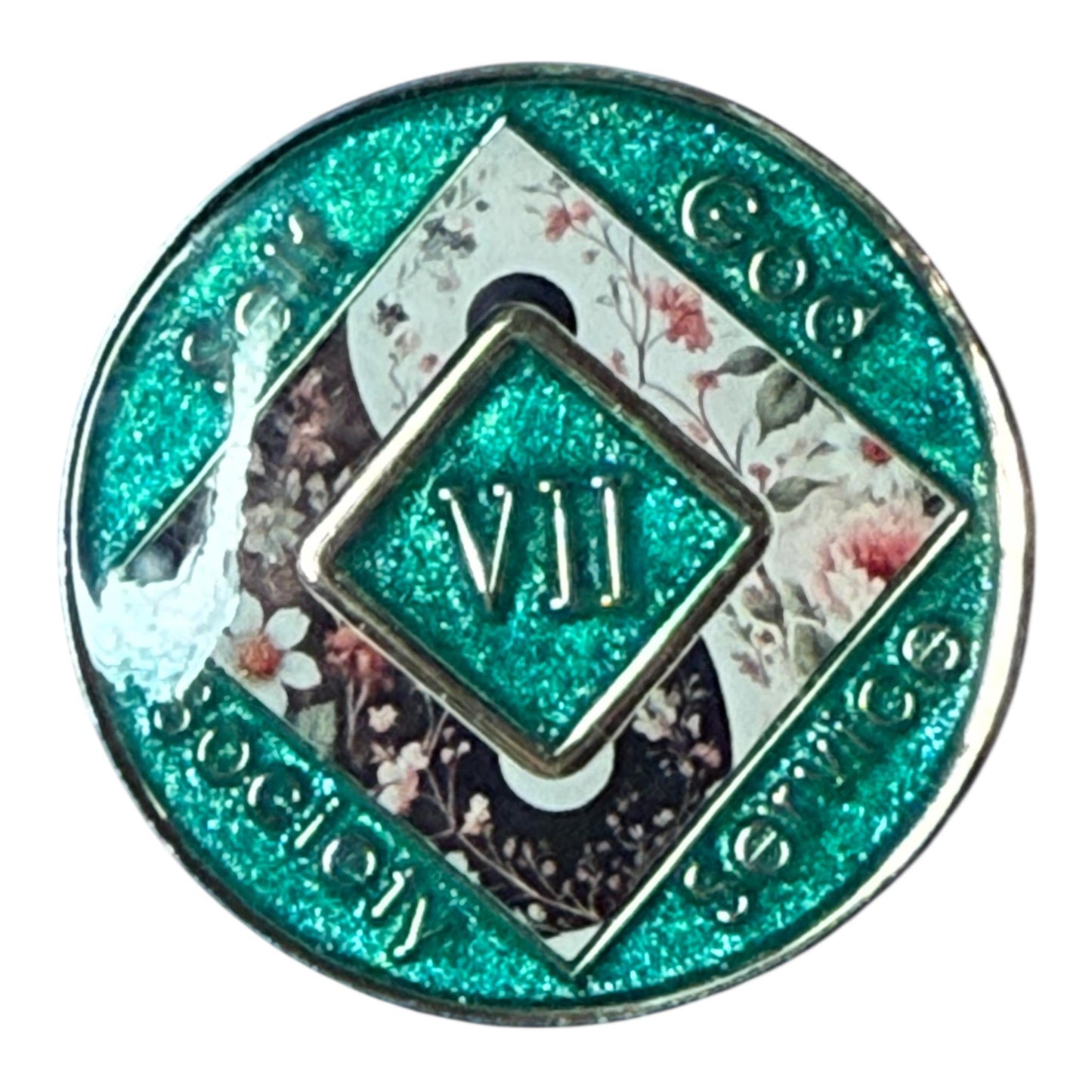 Narcotics Anonymous 7 year medallion with floral yin yang design, NA sobriety anniversary coin, recovery chip VII years, handmade resin NA token
