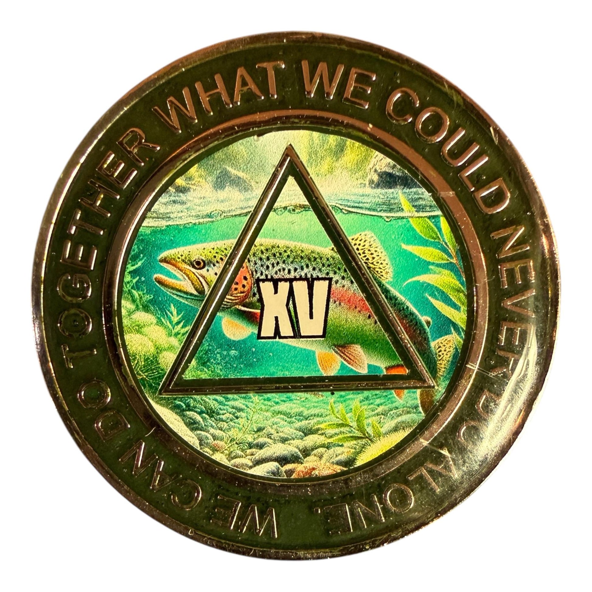 Narcotics Anonymous 15 year medallion with trout fishing river scene, NA sobriety anniversary coin XV years, recovery chip with triangle symbol, handmade NA token gift