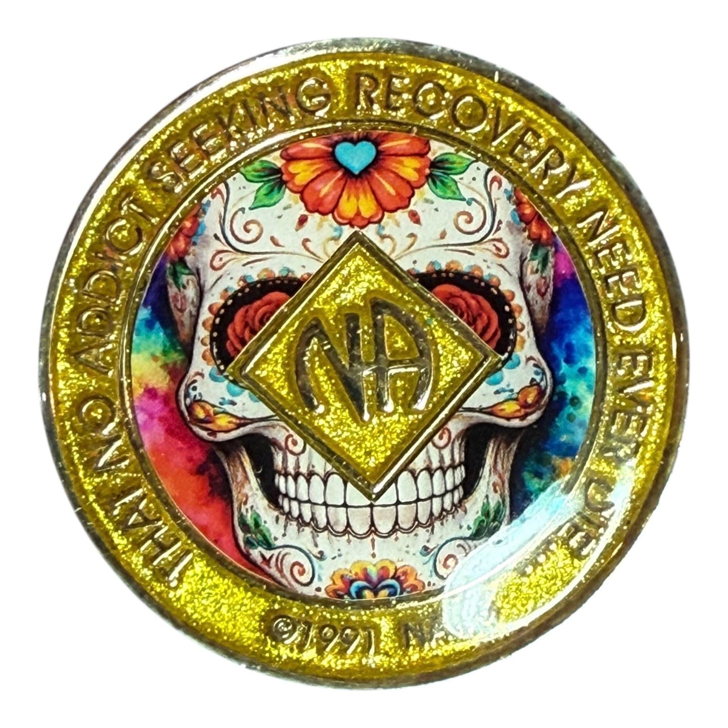 Sugar Skull NA Medallion – Día de los Muertos Sobriety Chip | Resin Finish