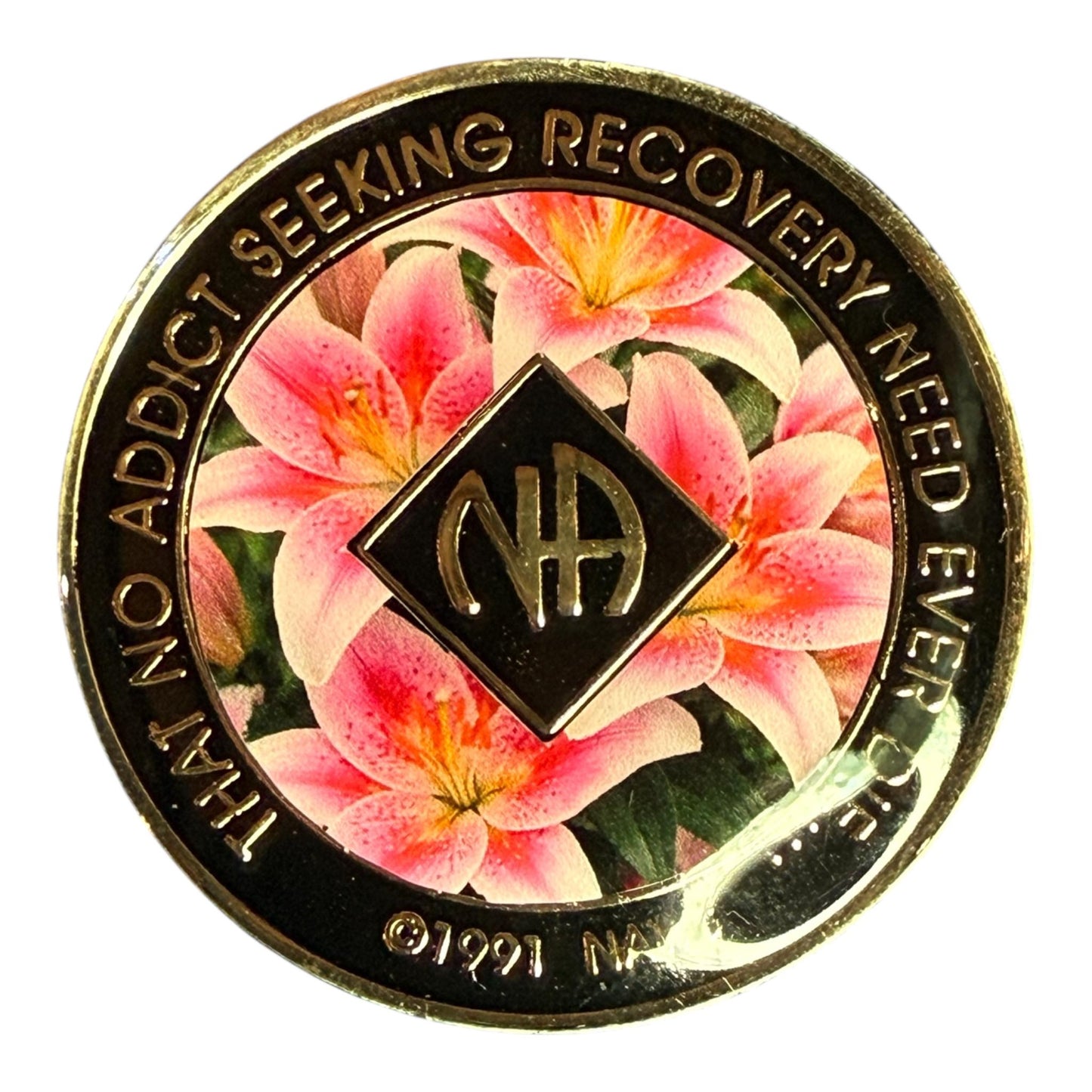 Narcotics Anonymous lily flower medallion with NA symbol, recovery anniversary coin, sobriety chip, NA token gift, handmade resin medallion for recovery milestone