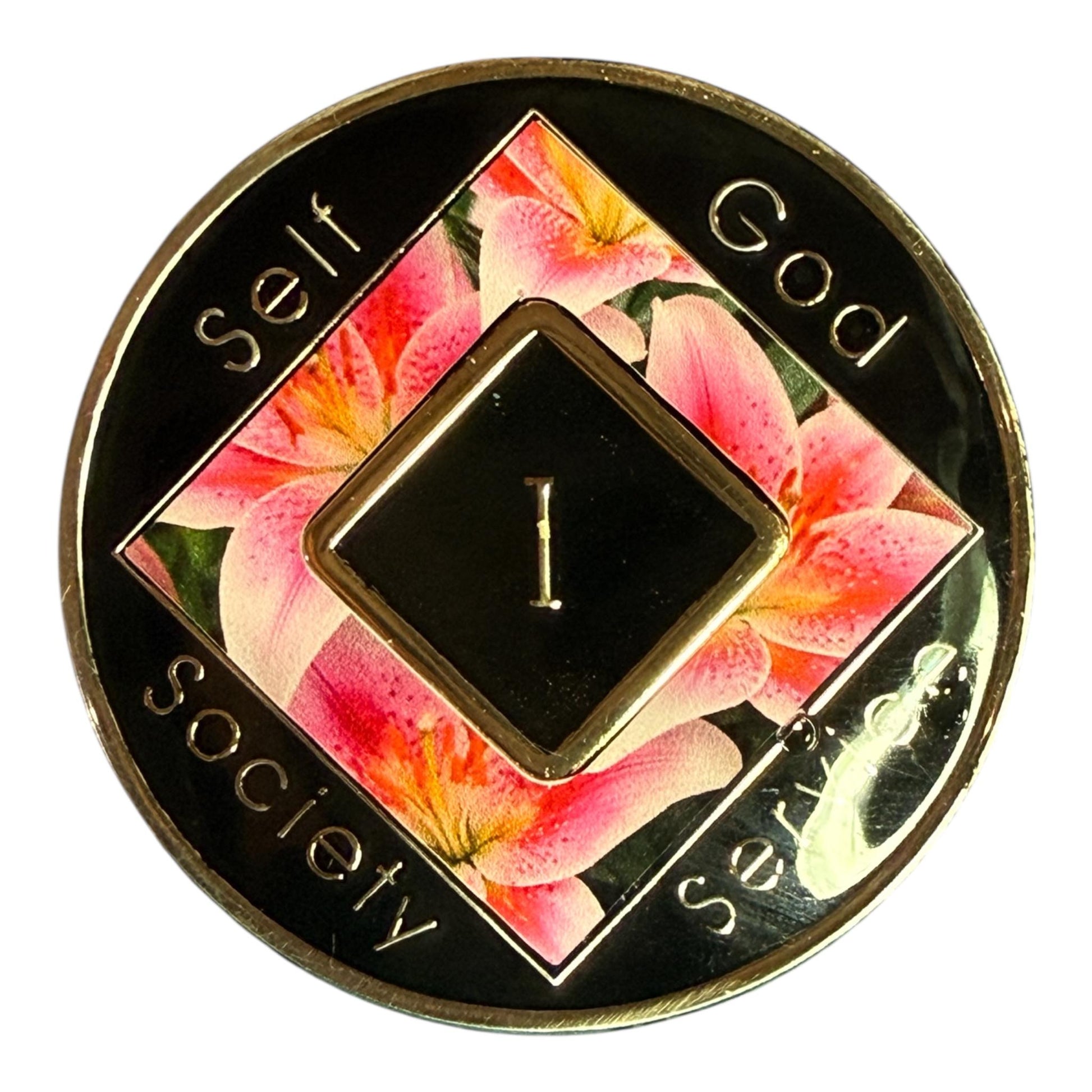 Narcotics Anonymous 1 year medallion with lily flower design, NA sobriety anniversary coin I year, recovery chip with NA symbol, handmade resin NA token