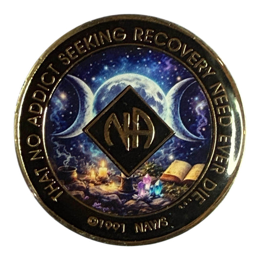 Triple Moon NA Recovery Medallion – Lunar Cycle Sobriety Chip | Resin Finish