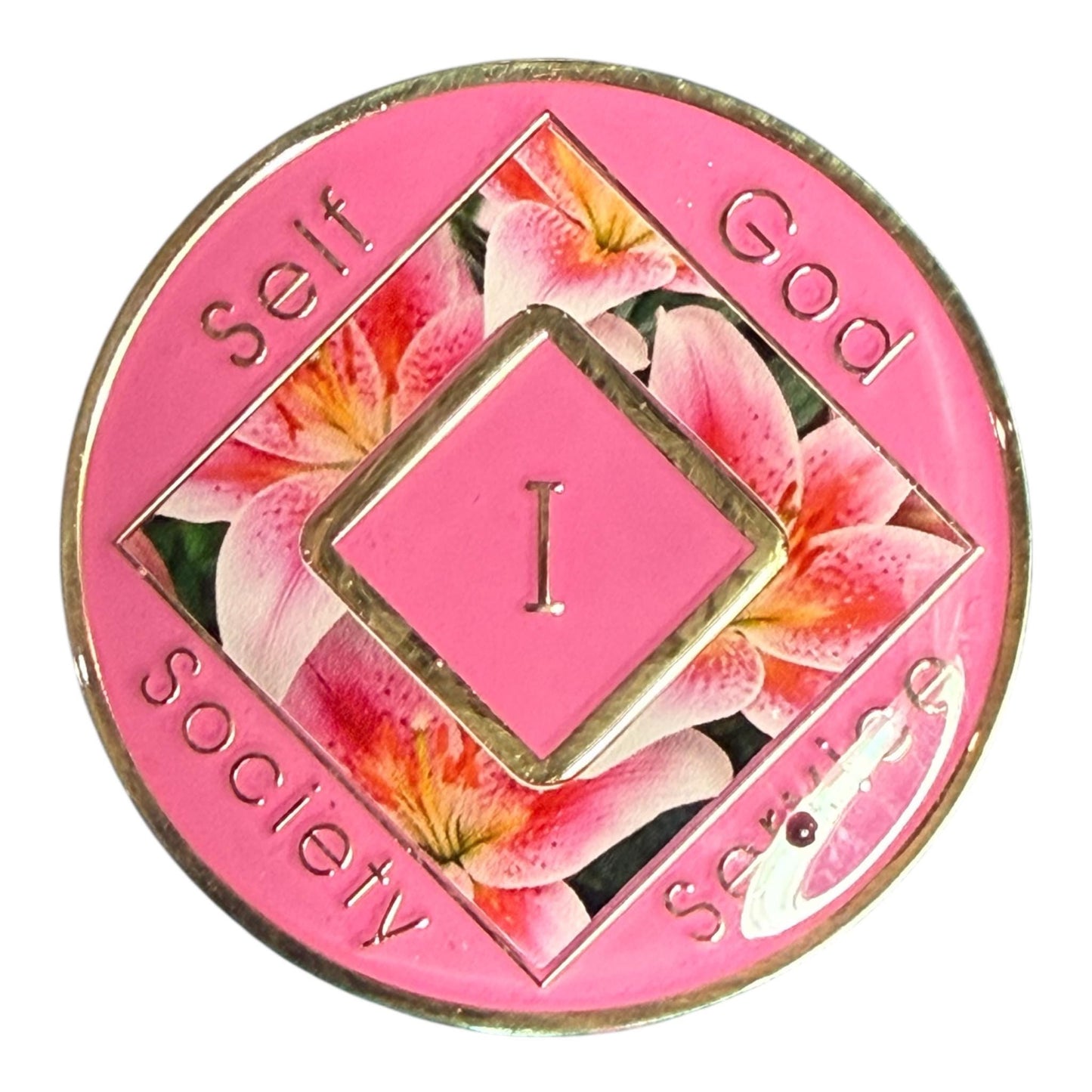 Narcotics Anonymous 1 year medallion with lily flower design, NA sobriety anniversary coin I year, recovery chip with NA symbol, handmade resin NA token
