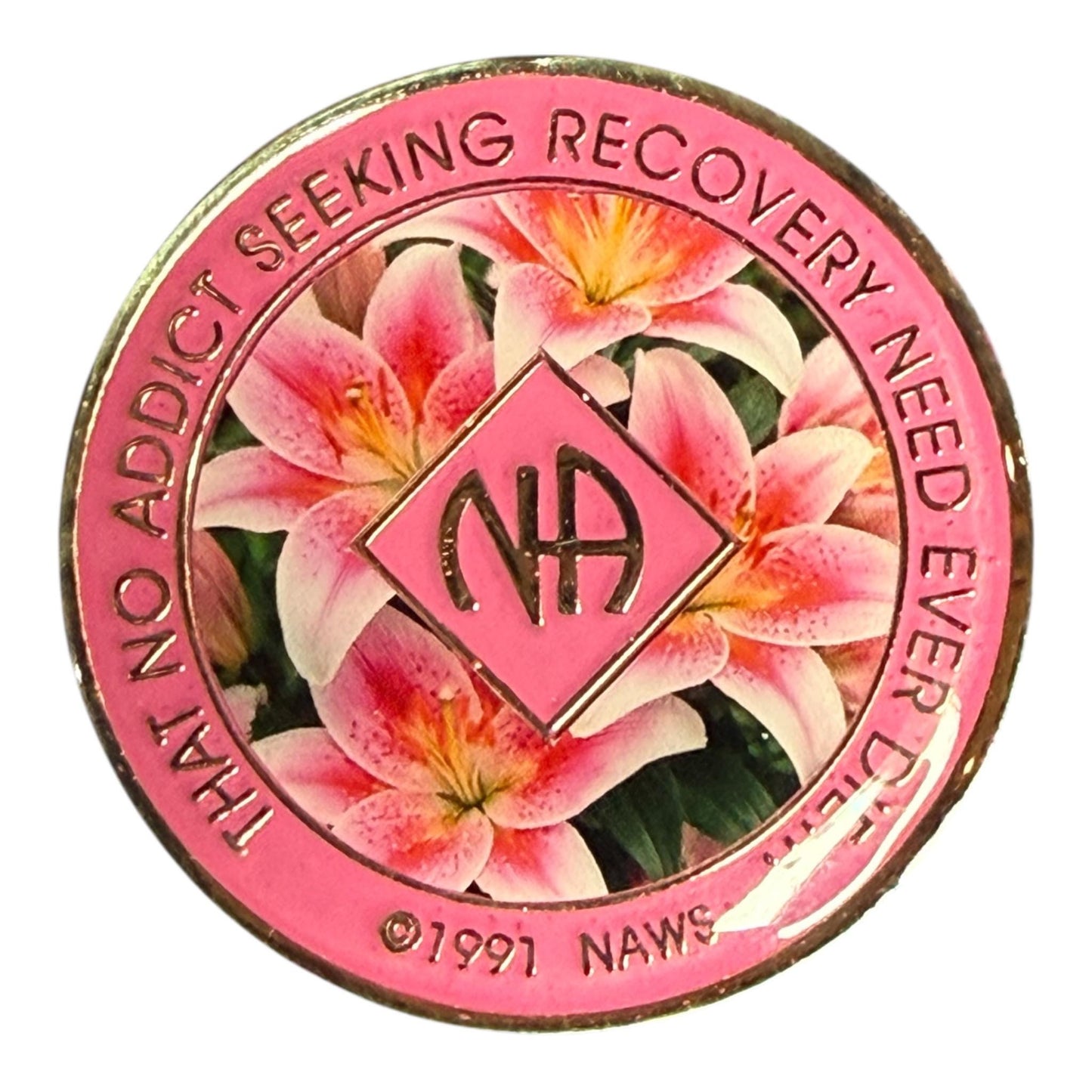 Narcotics Anonymous lily flower medallion with NA symbol and floral background, recovery anniversary coin, sobriety chip, handmade resin NA token