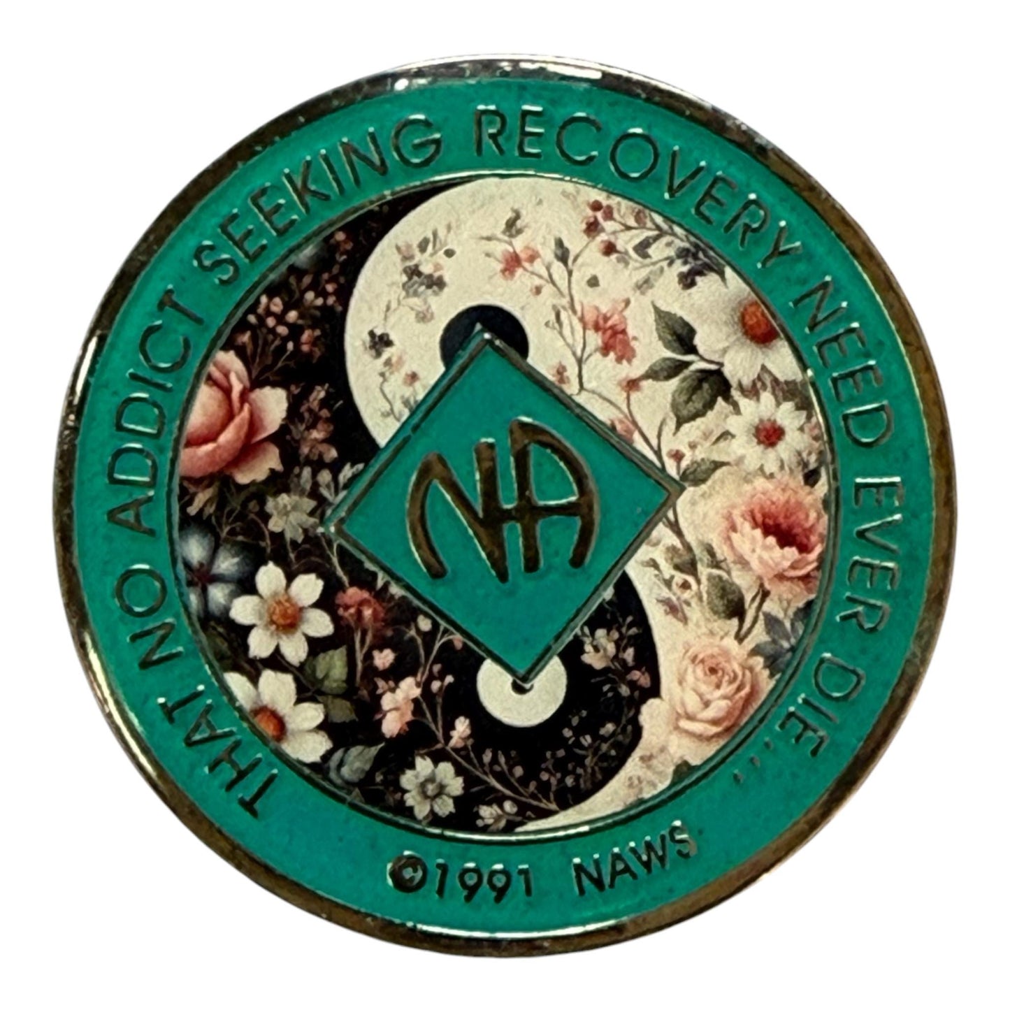 Floral Yin-Yang NA Medallion: Custom Sobriety Anniversary Token