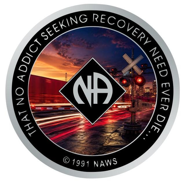 NA Recovery Medallion 34mm – Railroad Crossing Sunset Artwork, Custom Color Clean Time Coin