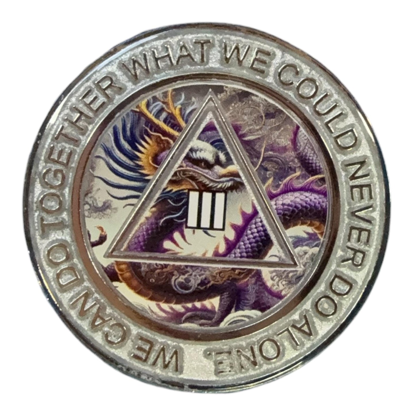 Eastern Dragon AA Medallion – Powerful Sobriety Chip with Serenity Prayer - Silver Finish
