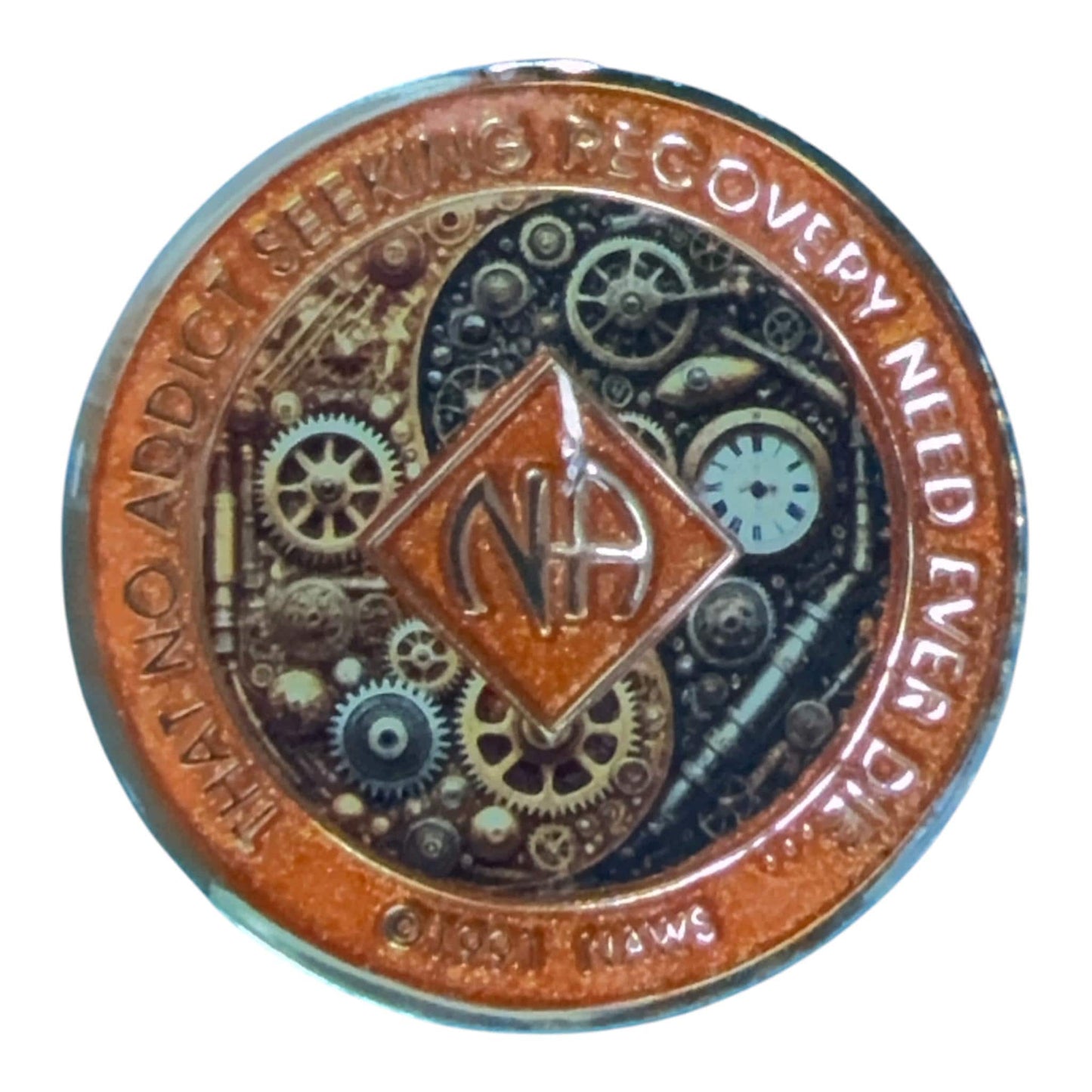 Steampunk NA Medallion: Orange Gear Design Sobriety Recovery Chip