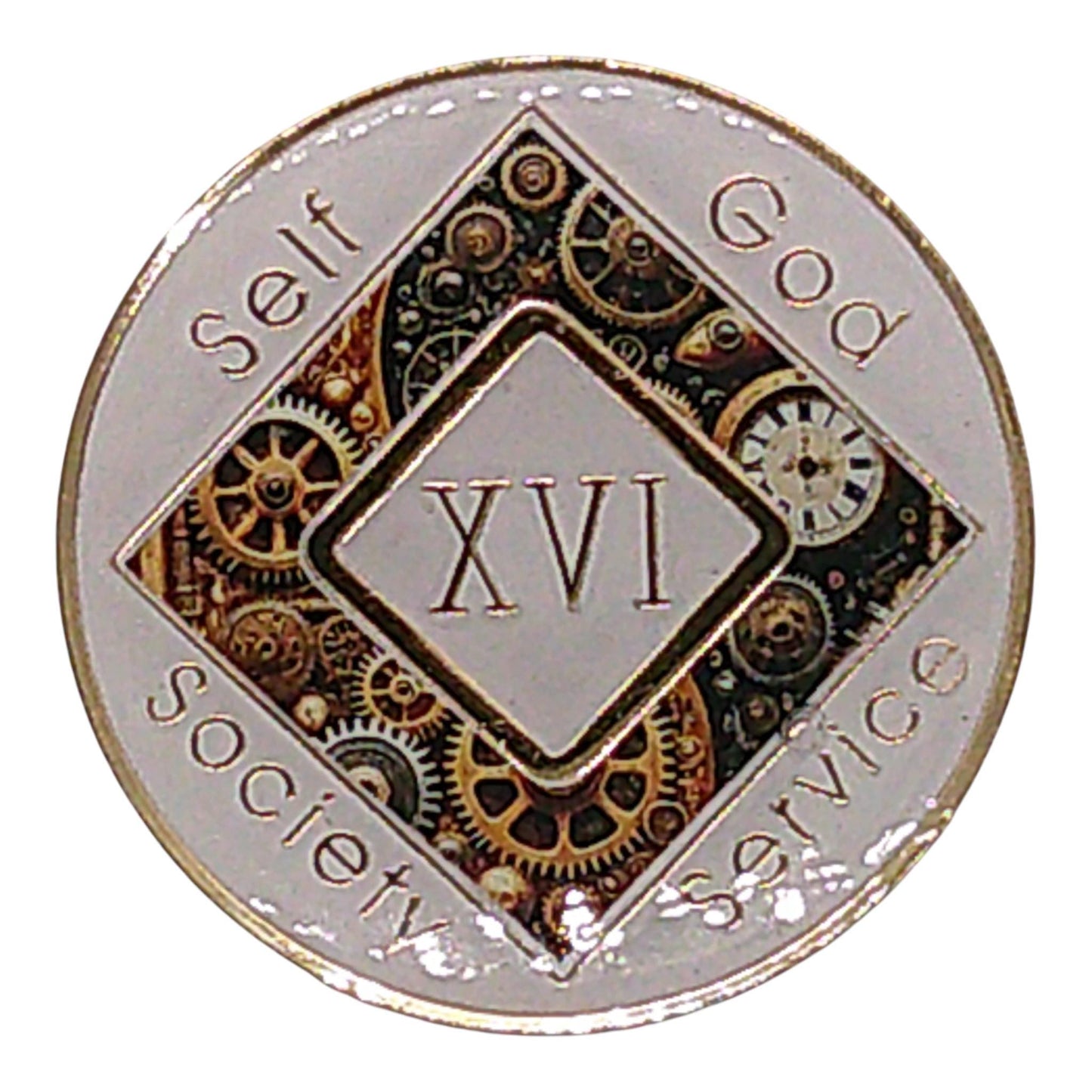 Steampunk NA Medallion: Orange Gear Design Sobriety Recovery Chip