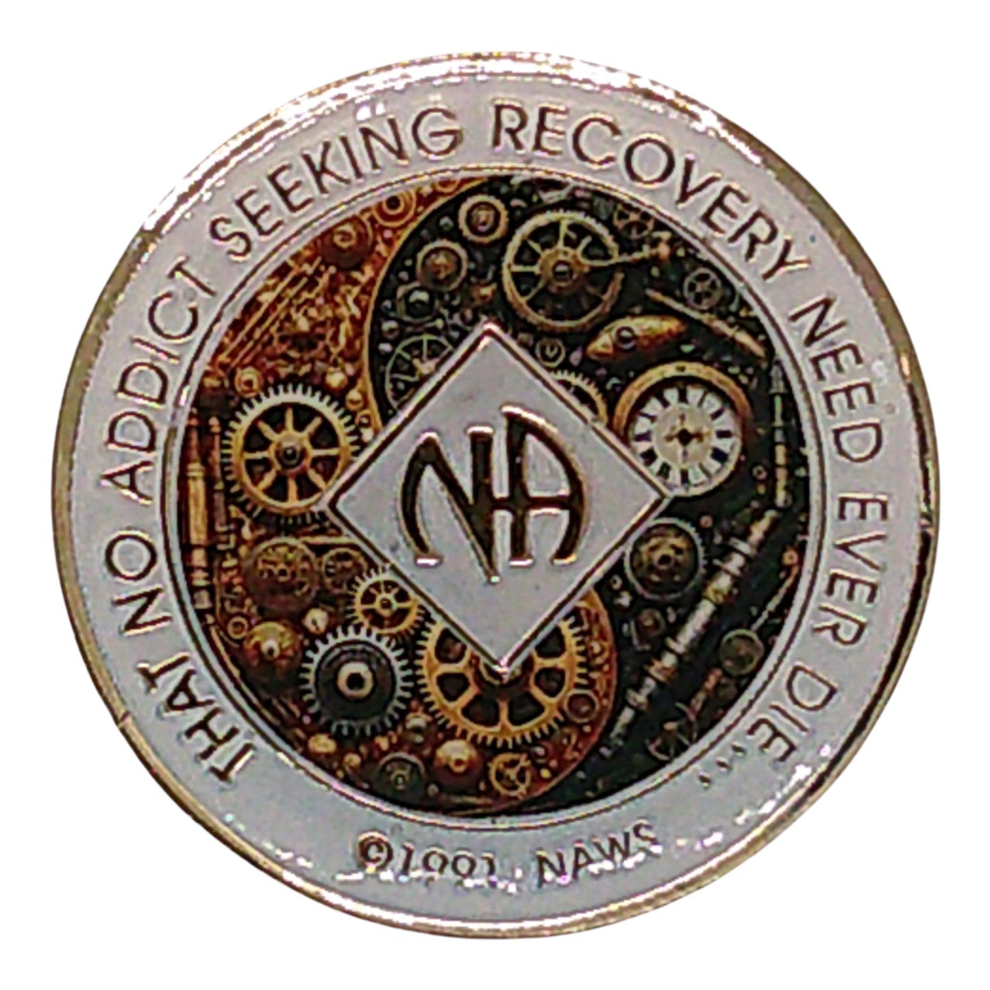 Steampunk NA Medallion: Orange Gear Design Sobriety Recovery Chip